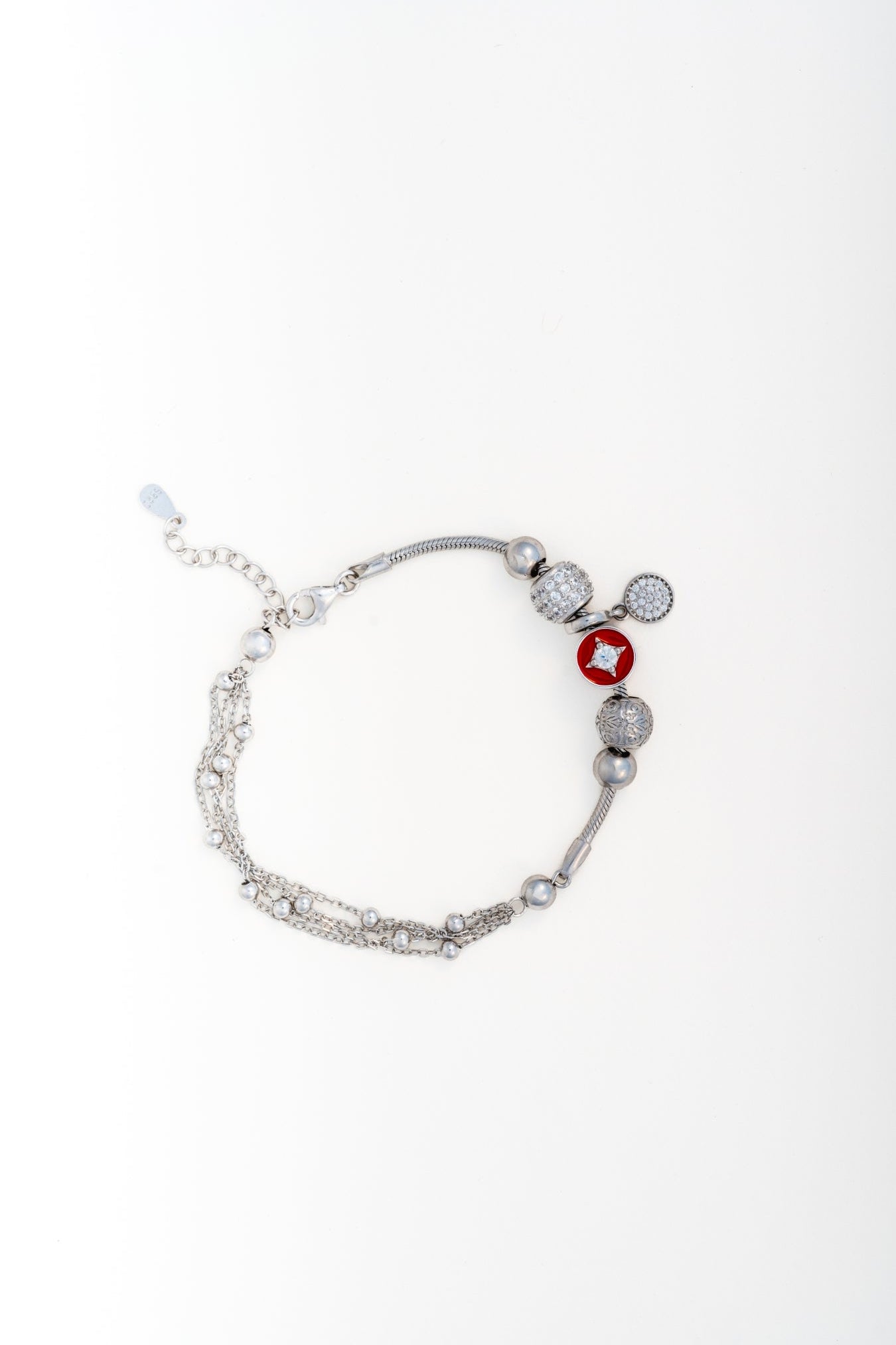 Pure 925 Silver Beaded Charm Bracelet with Red & Crystal Accents (Adjustable)