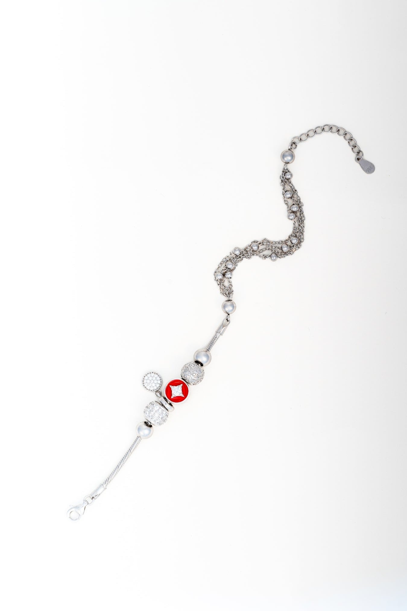 Pure 925 Silver Beaded Charm Bracelet with Red & Crystal Accents (Adjustable)