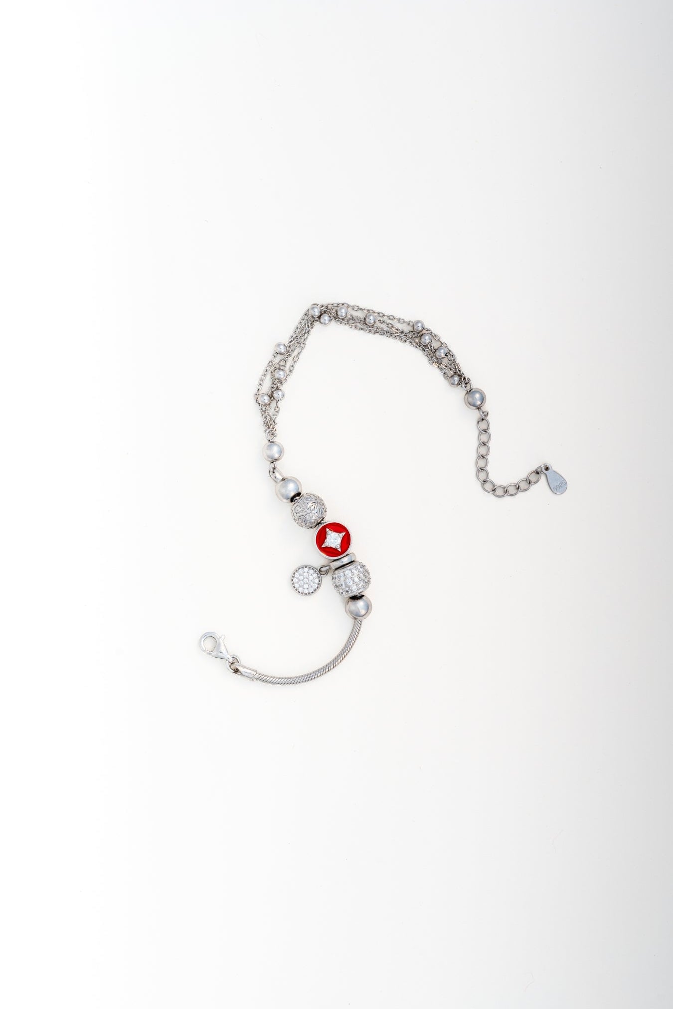Pure 925 Silver Beaded Charm Bracelet with Red & Crystal Accents (Adjustable)