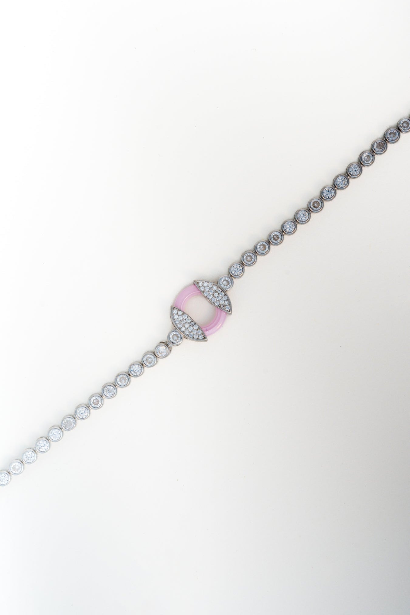 Pure 925 Silver Tennis Bracelet with Pink Enamel & CZ Centerpiece (8 Inch)