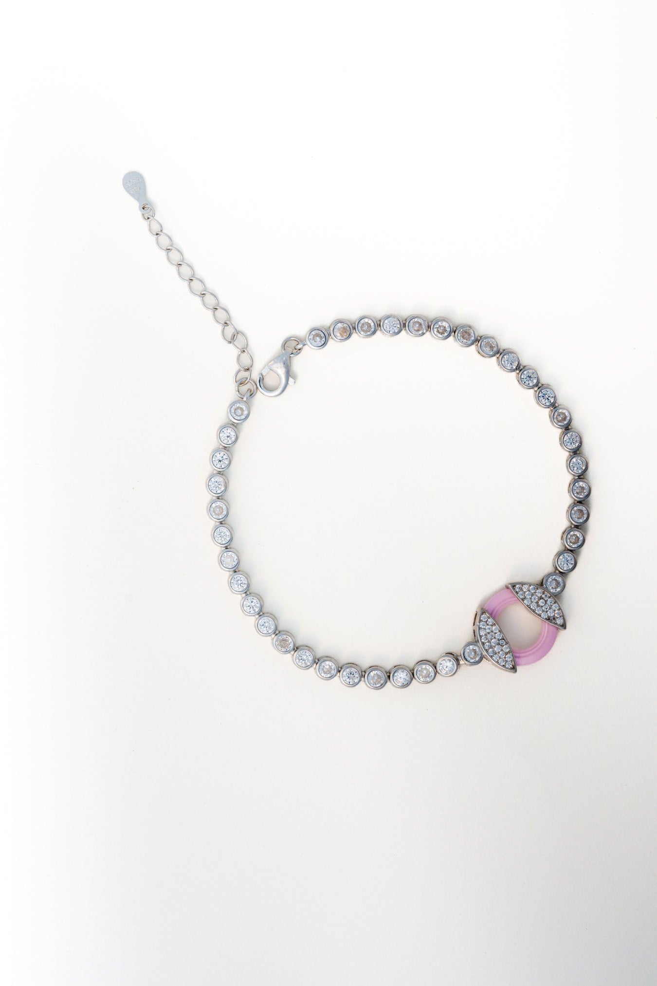 Pure 925 Silver Tennis Bracelet with Pink Enamel & CZ Centerpiece (8 Inch)