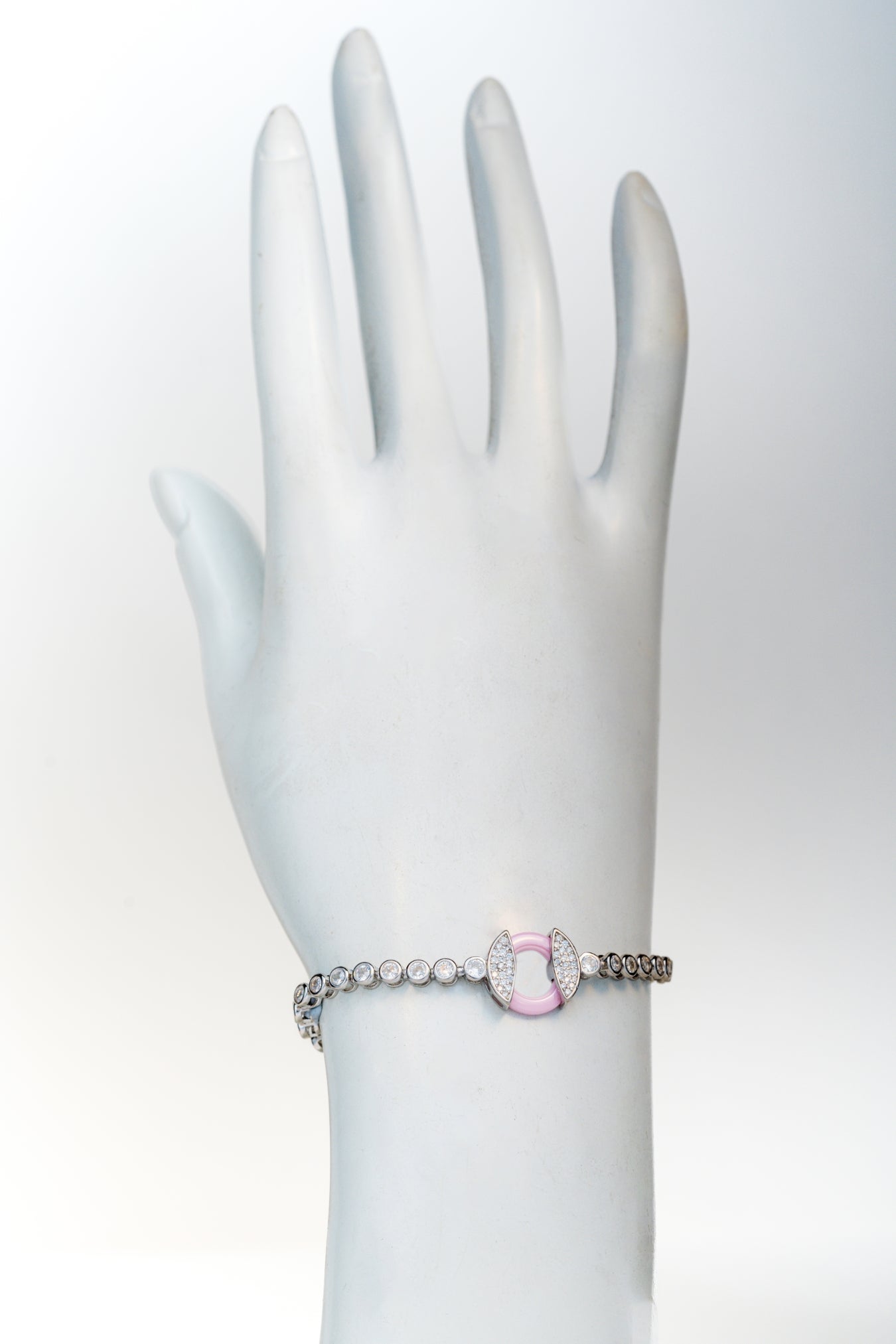 Pure 925 Silver Tennis Bracelet with Pink Enamel & CZ Centerpiece (8 Inch)
