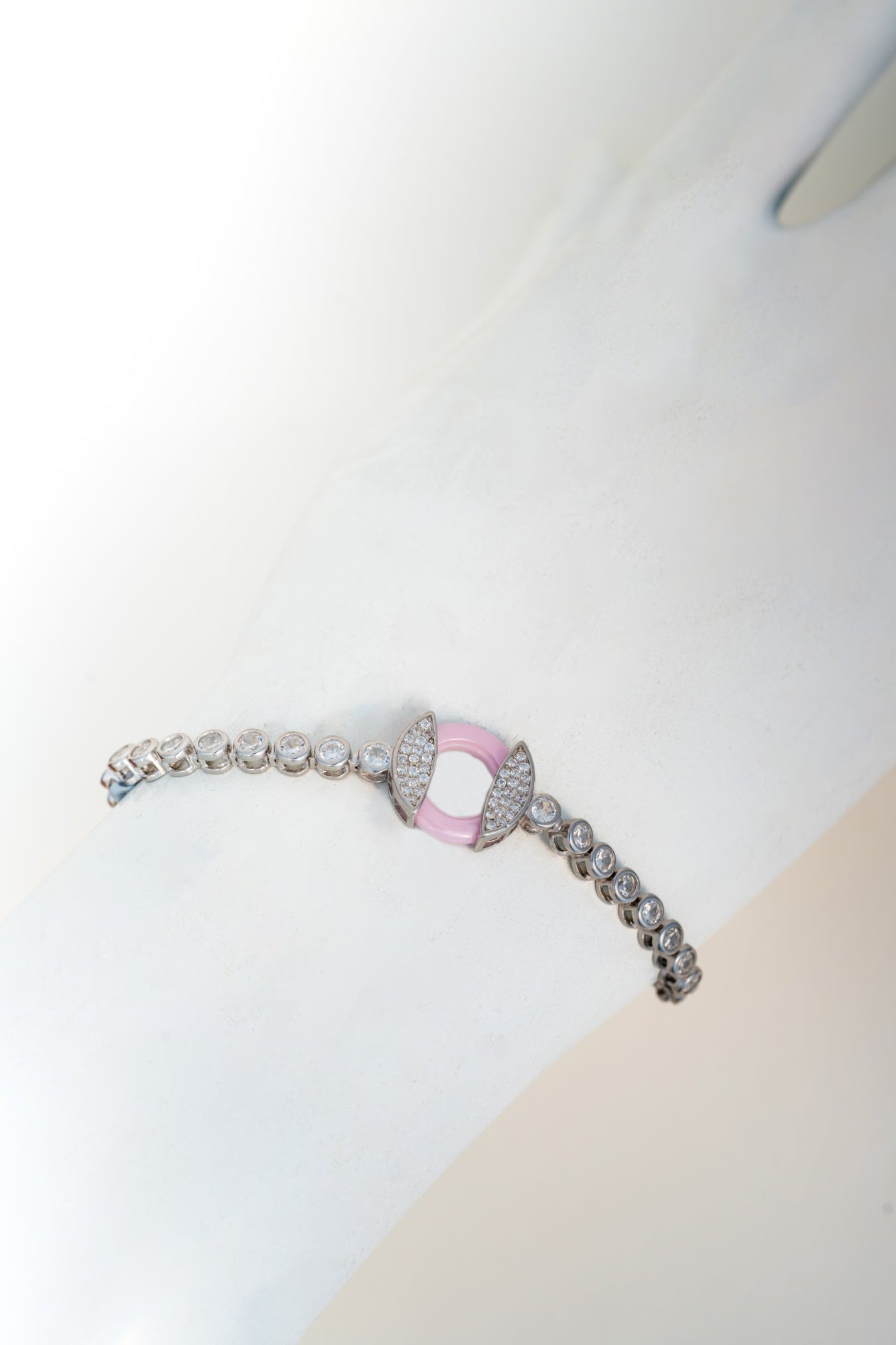Pure 925 Silver Tennis Bracelet with Pink Enamel & CZ Centerpiece (8 Inch)