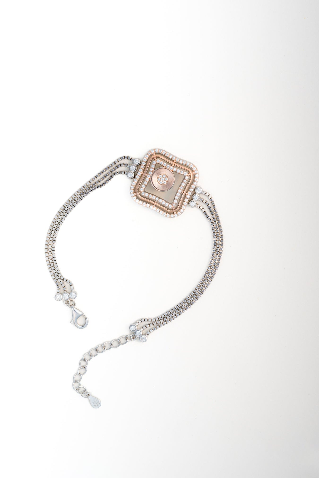 Geometric Square-Center Pure 925 Silver Bracelet with CZ Accents (7.5 Inch)