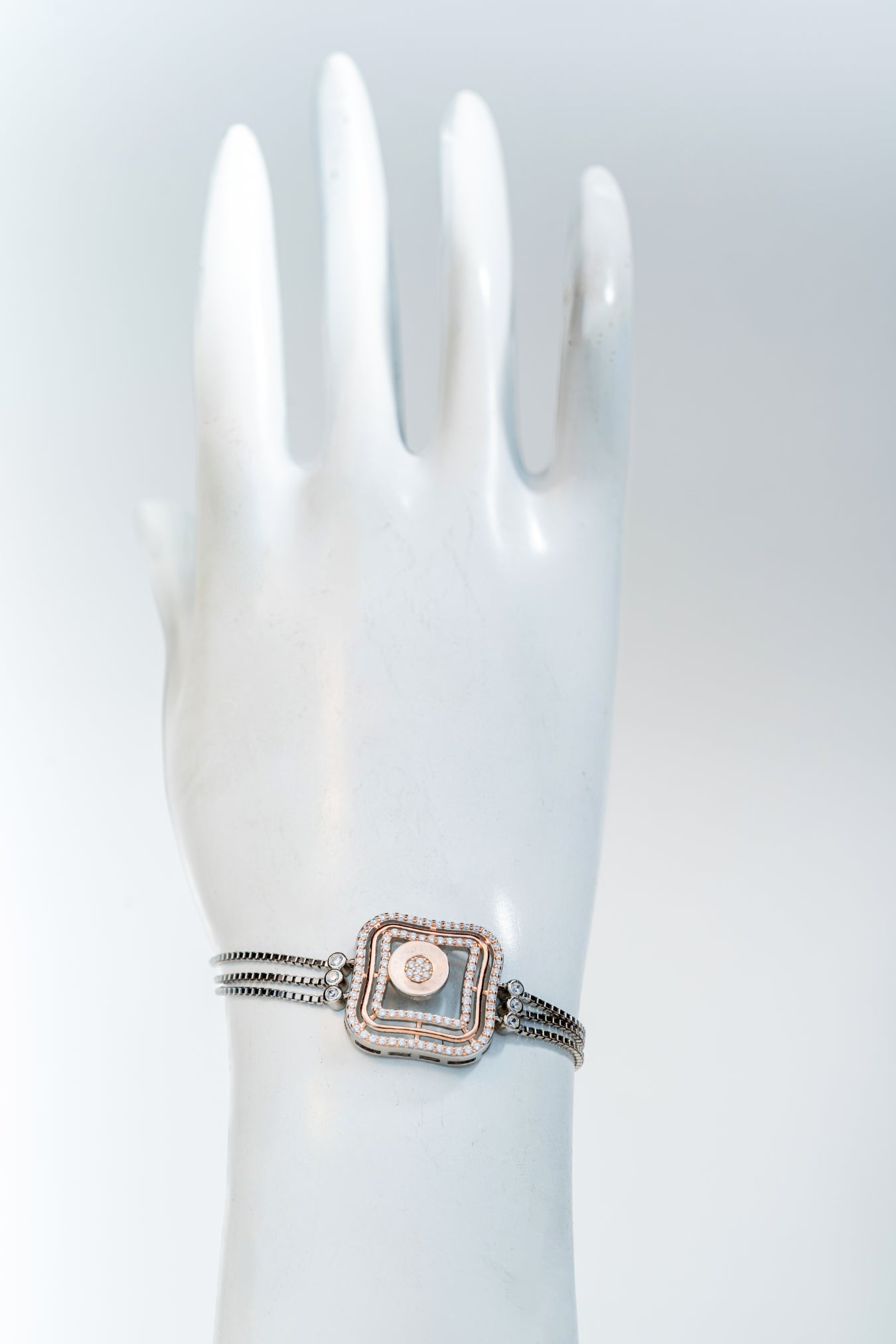 Geometric Square-Center Pure 925 Silver Bracelet with CZ Accents (7.5 Inch)