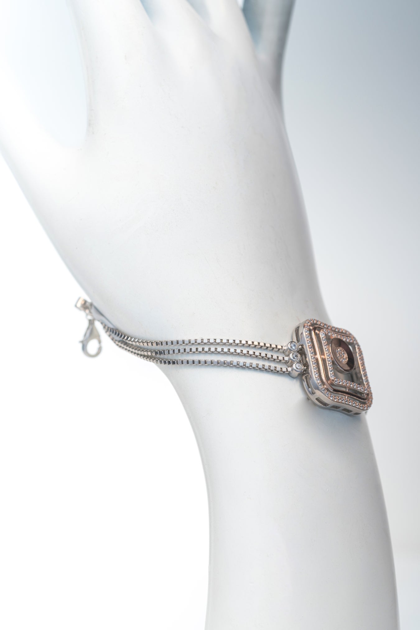 Geometric Square-Center Pure 925 Silver Bracelet with CZ Accents (7.5 Inch)