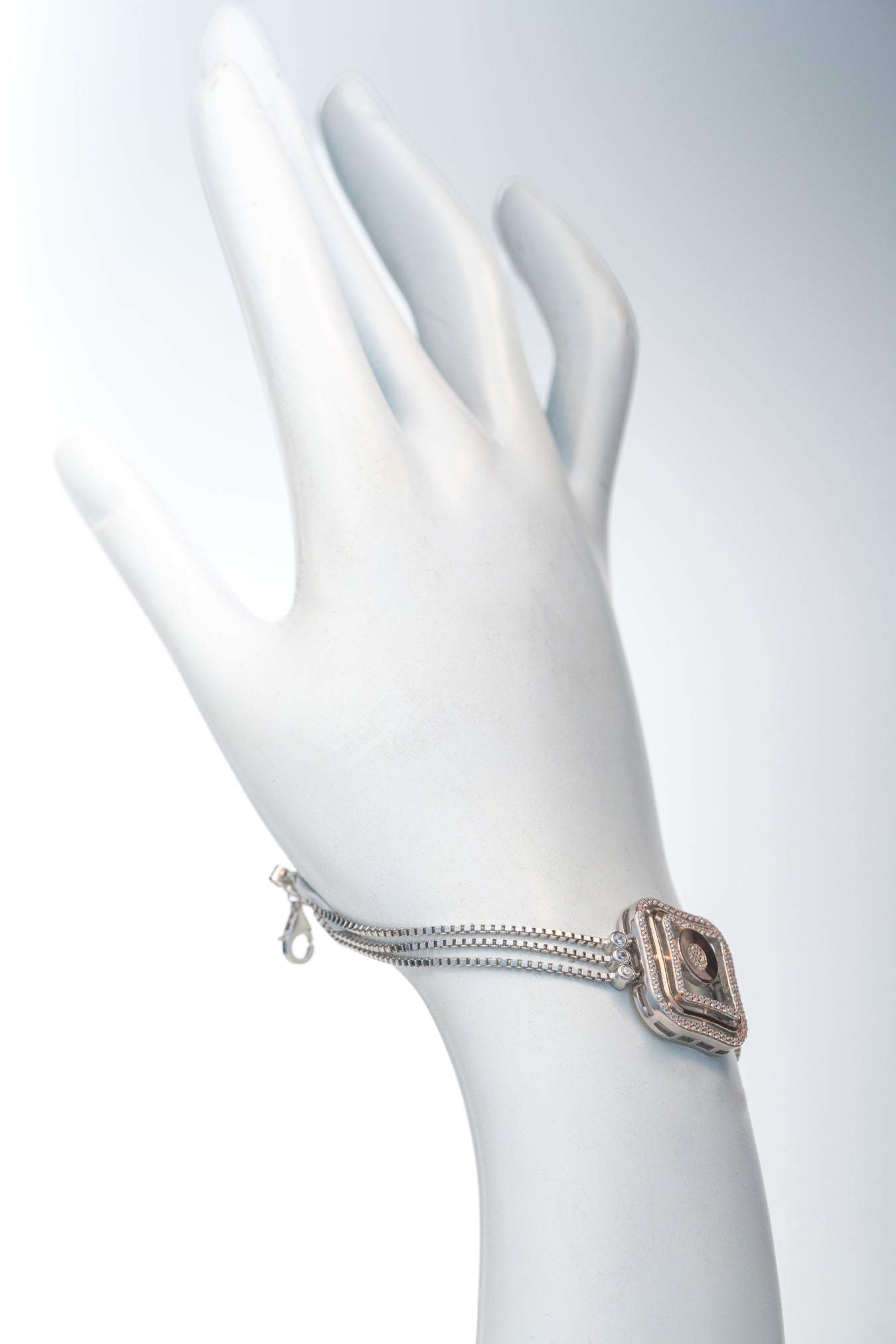 Geometric Square-Center Pure 925 Silver Bracelet with CZ Accents (7.5 Inch)