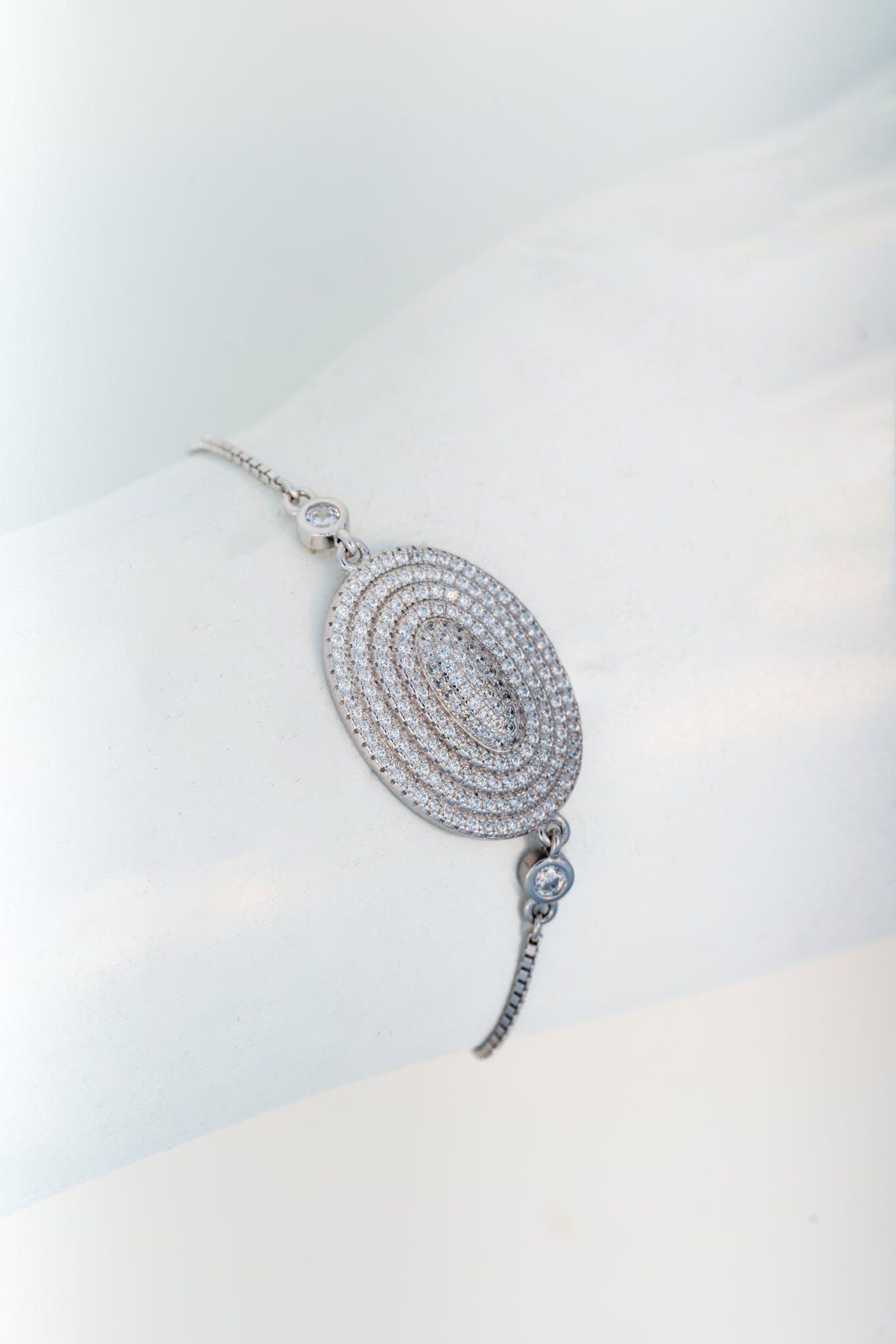 Pure 925 Silver Oval-Center Statement Bracelet with CZ Accents (Free Size)