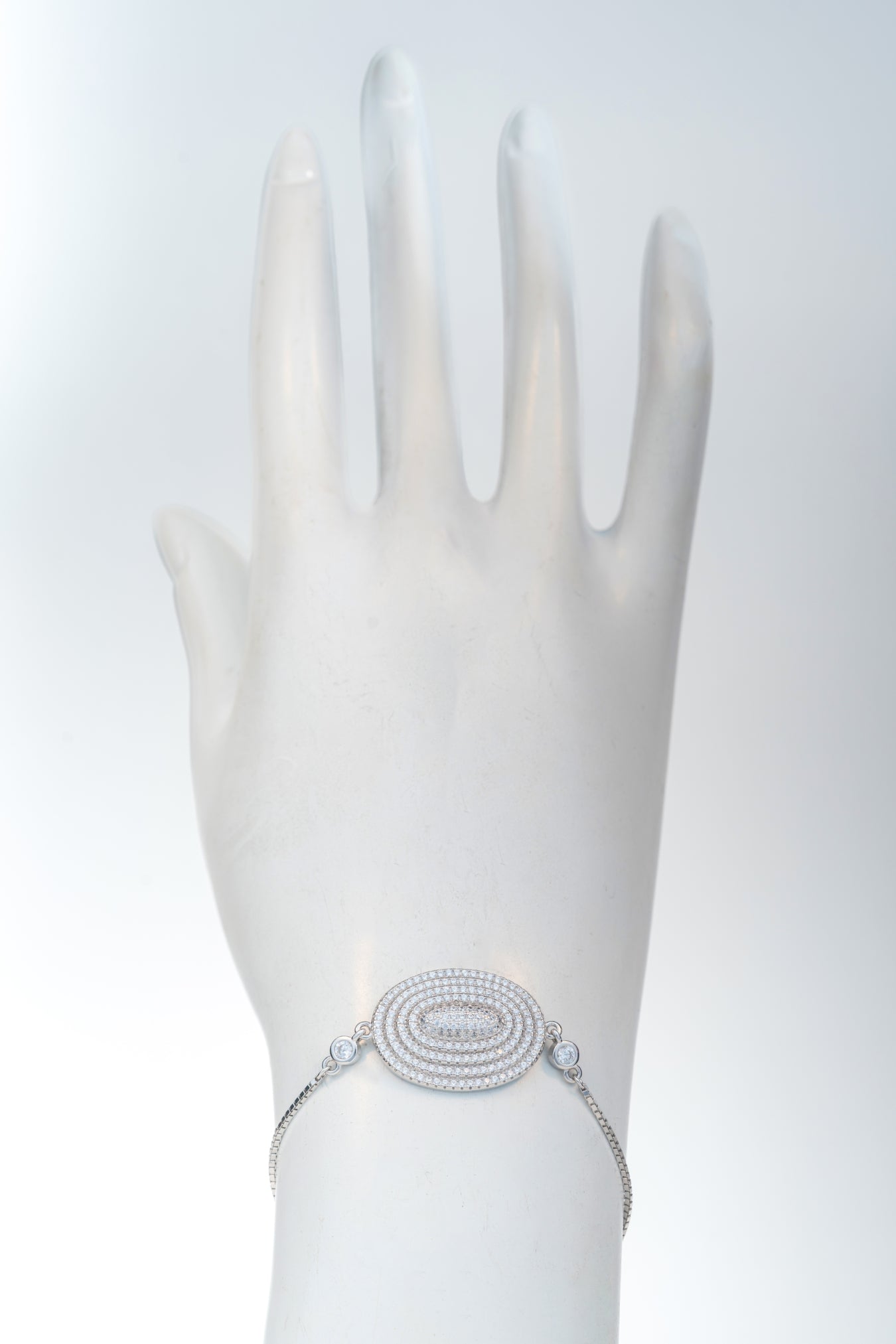 Pure 925 Silver Oval-Center Statement Bracelet with CZ Accents (Free Size)