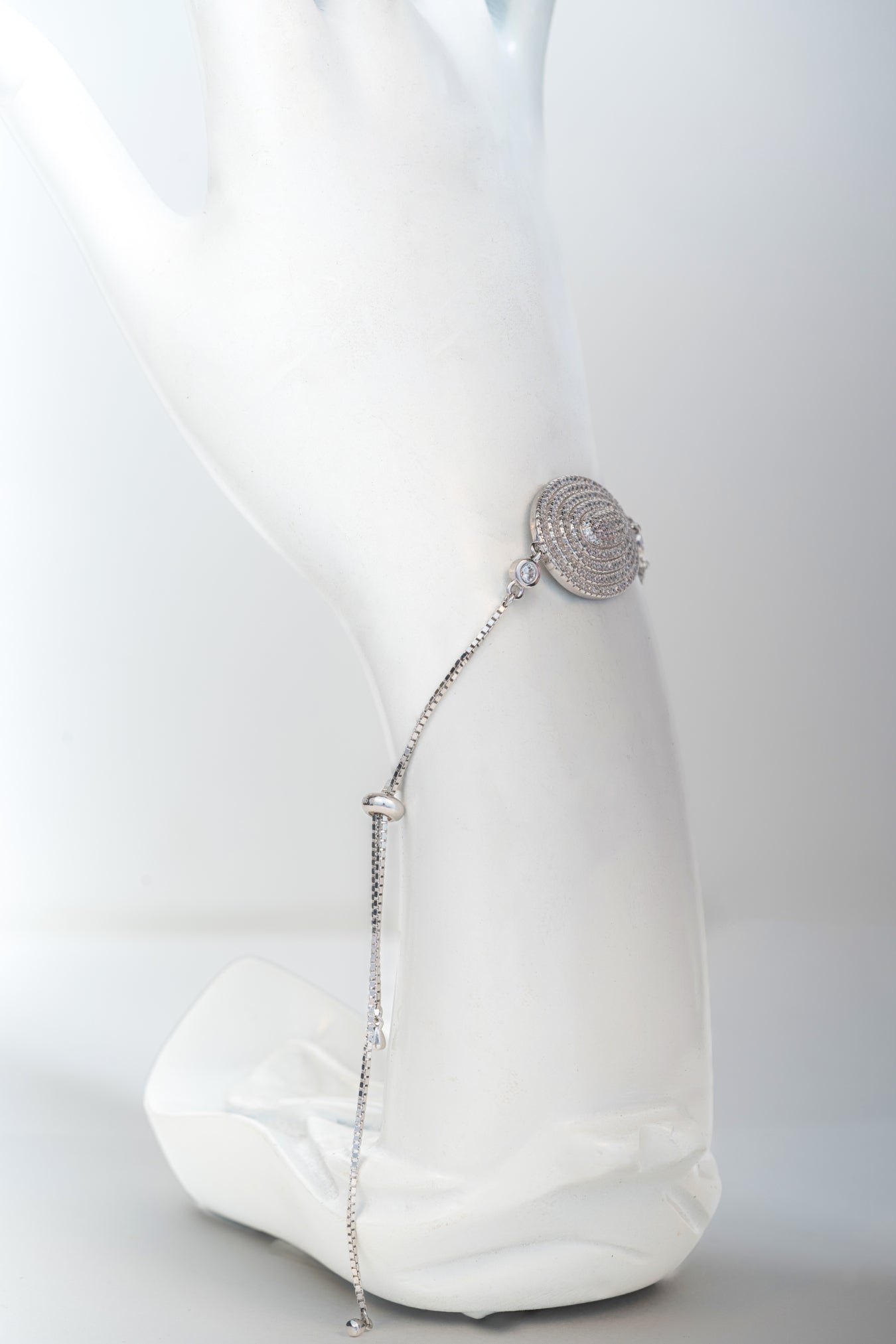 Pure 925 Silver Oval-Center Statement Bracelet with CZ Accents (Free Size)