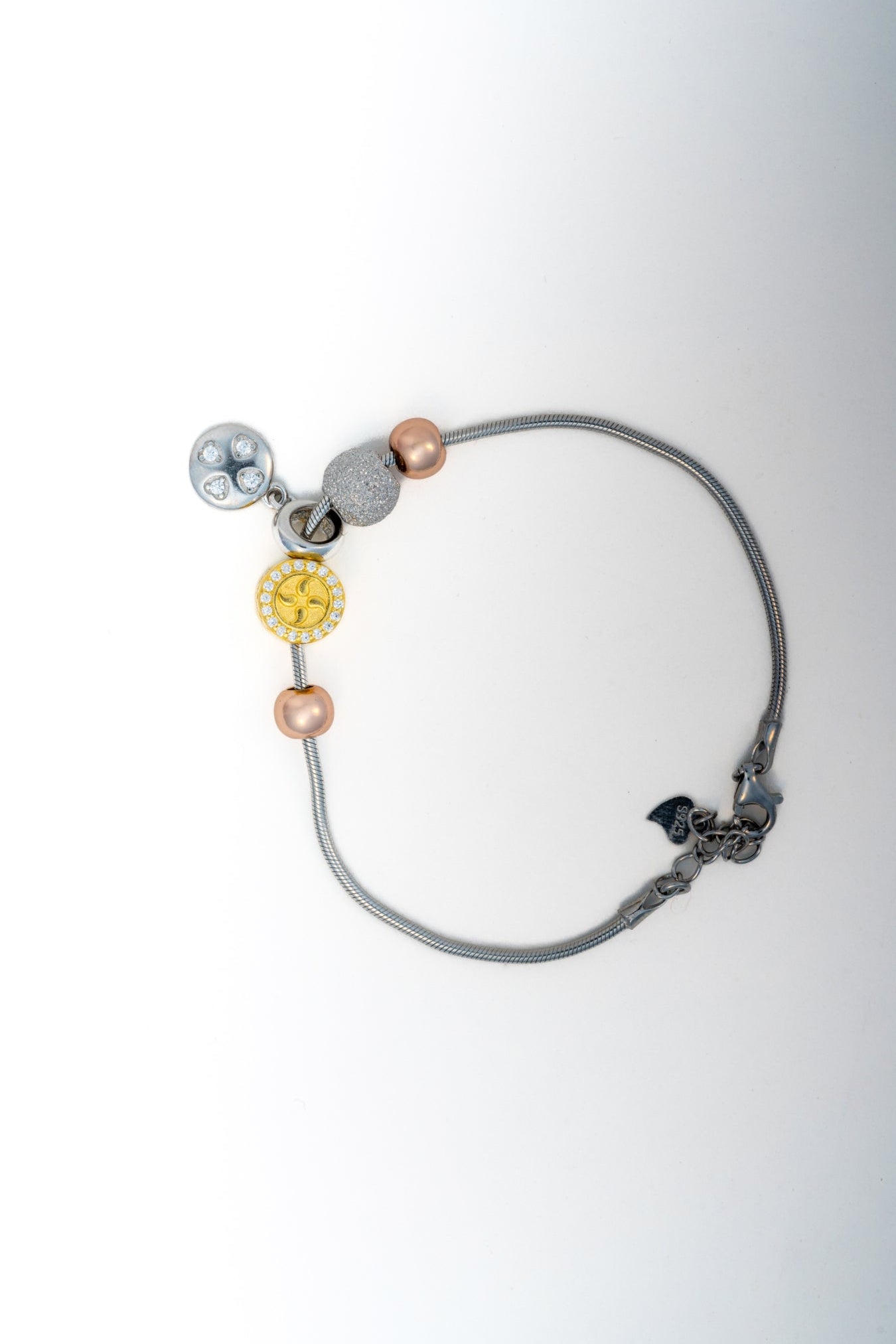 Pure 925 Silver Charm Beaded Snake Chain Bracelet – 7.5 inch