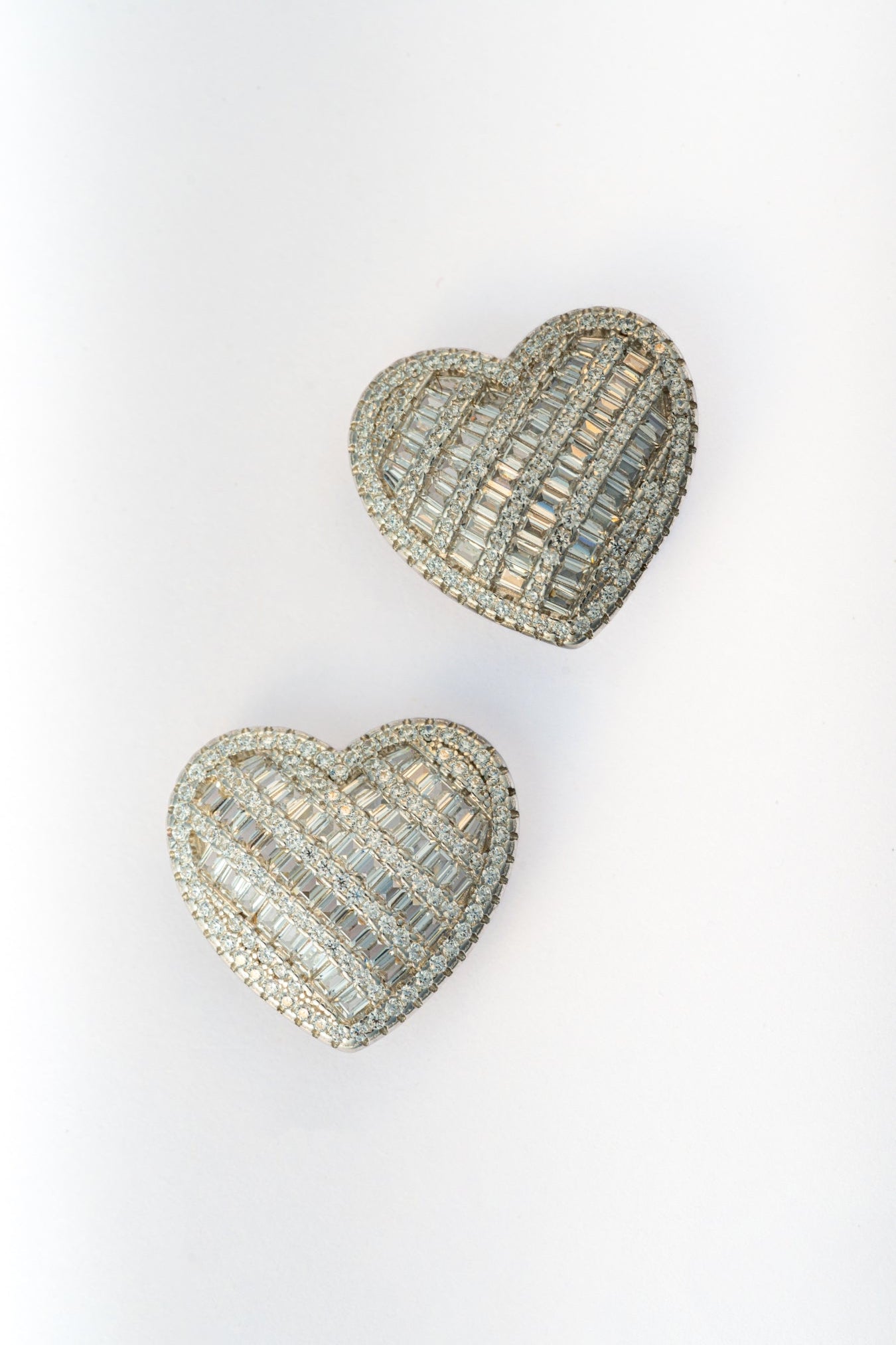 Pure 925 Silver Heart Earrings with Baguette & Round CZ 20x21mm