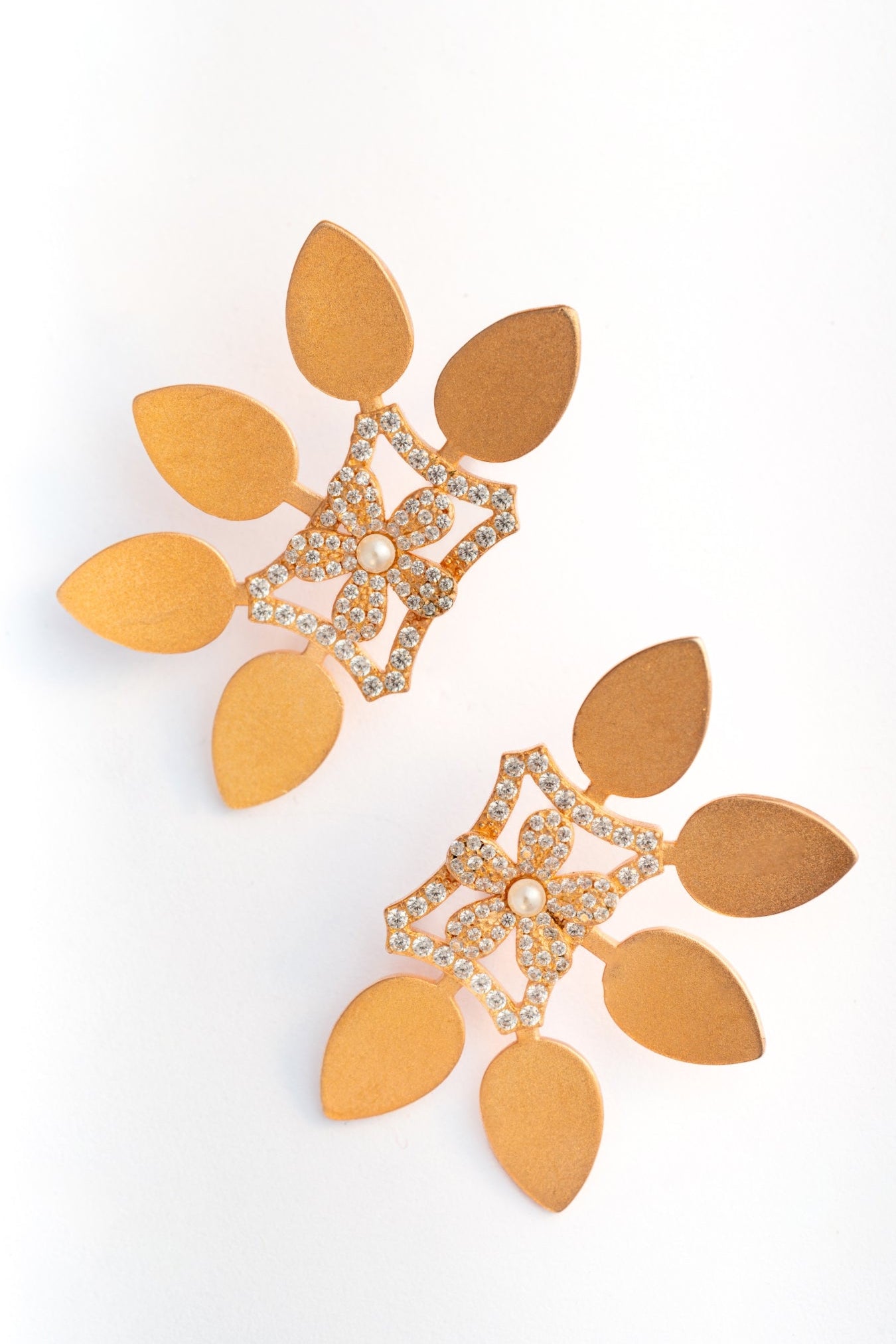Gold-Tone Floral Leaf Earrings with Pearl & CZ Accents -38x22mm