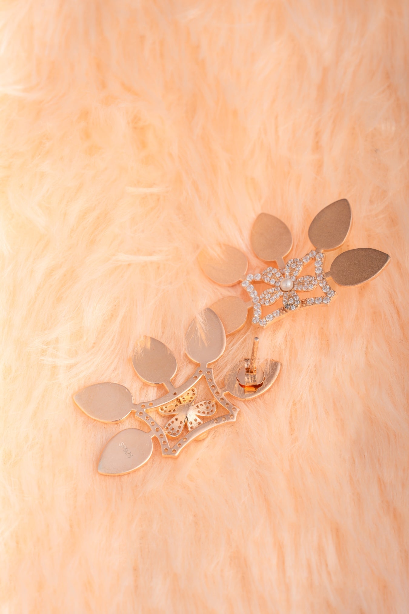 Gold-Tone Floral Leaf Earrings with Pearl & CZ Accents -38x22mm