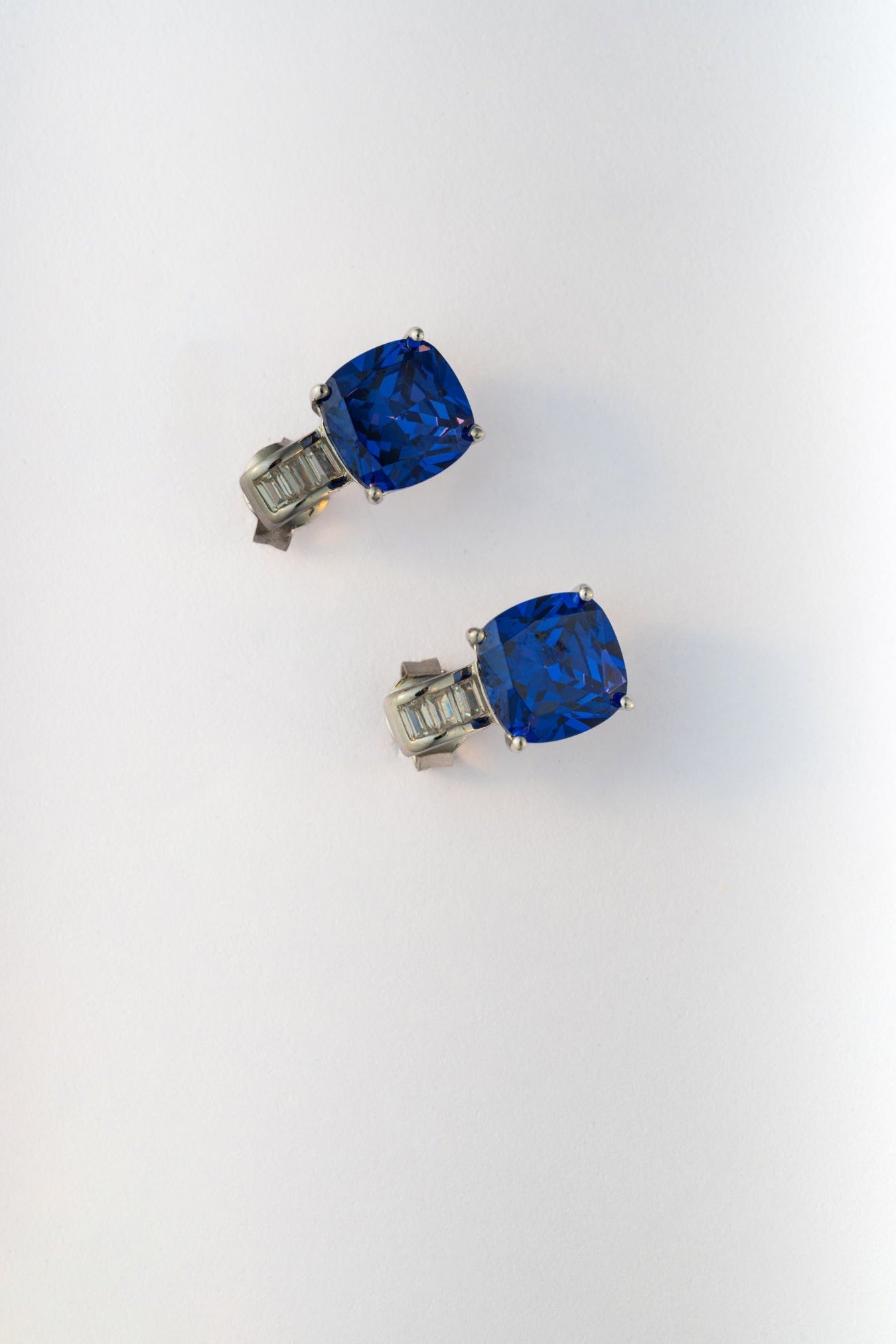 Pure 925 Silver Blue Cushion-Cut Stone Earrings with Baguette Accent – 12x7mm