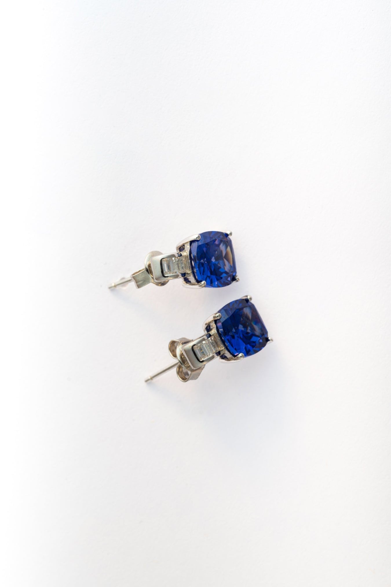 Pure 925 Silver Blue Cushion-Cut Stone Earrings with Baguette Accent – 12x7mm