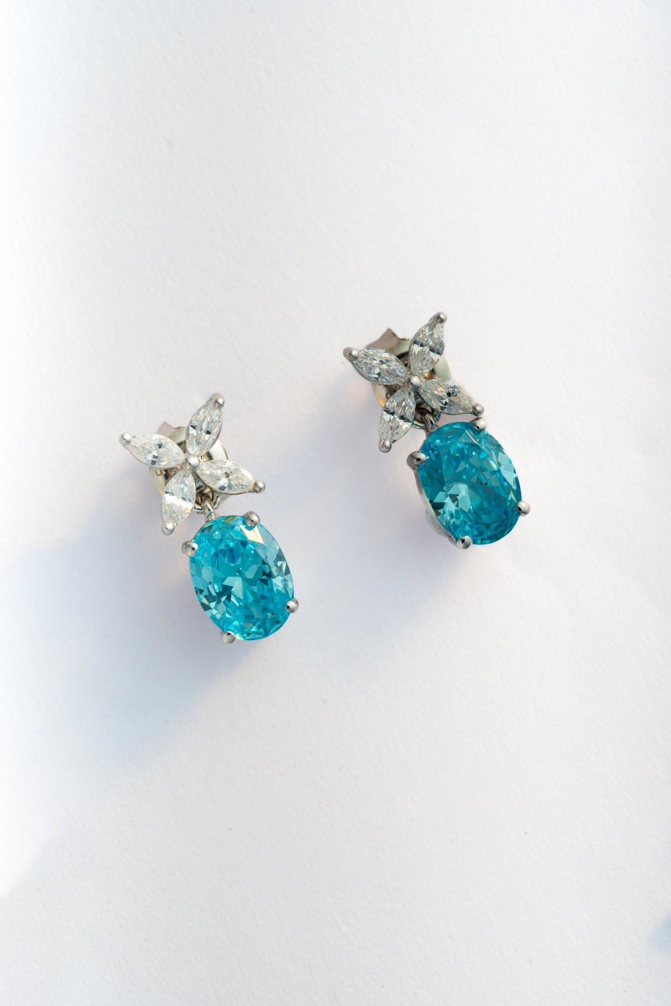 Pure 925 Silver Aqua Oval-Cut Stone Earrings with Floral CZ Cluster – 14x9mm