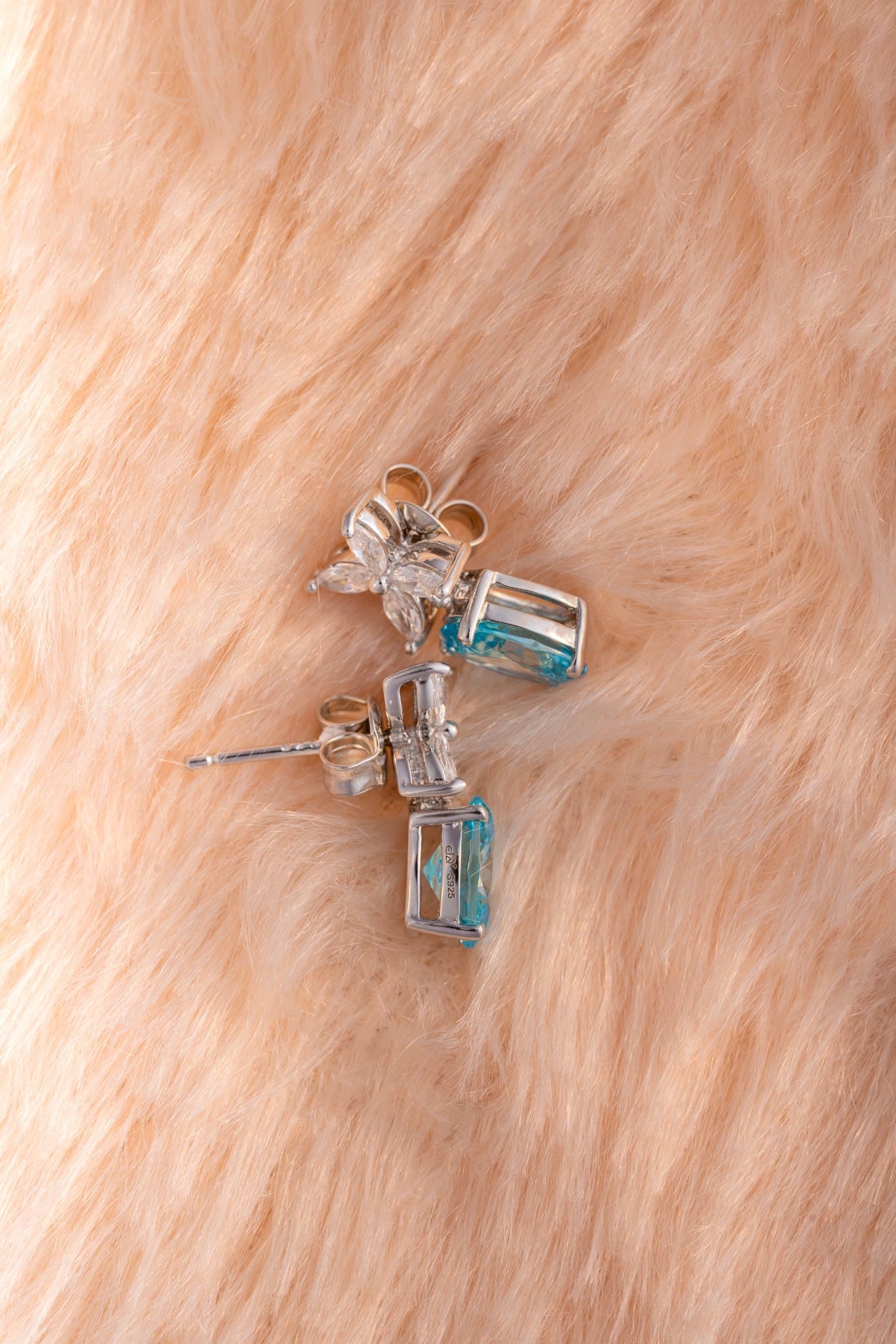 Pure 925 Silver Aqua Oval-Cut Stone Earrings with Floral CZ Cluster – 14x9mm