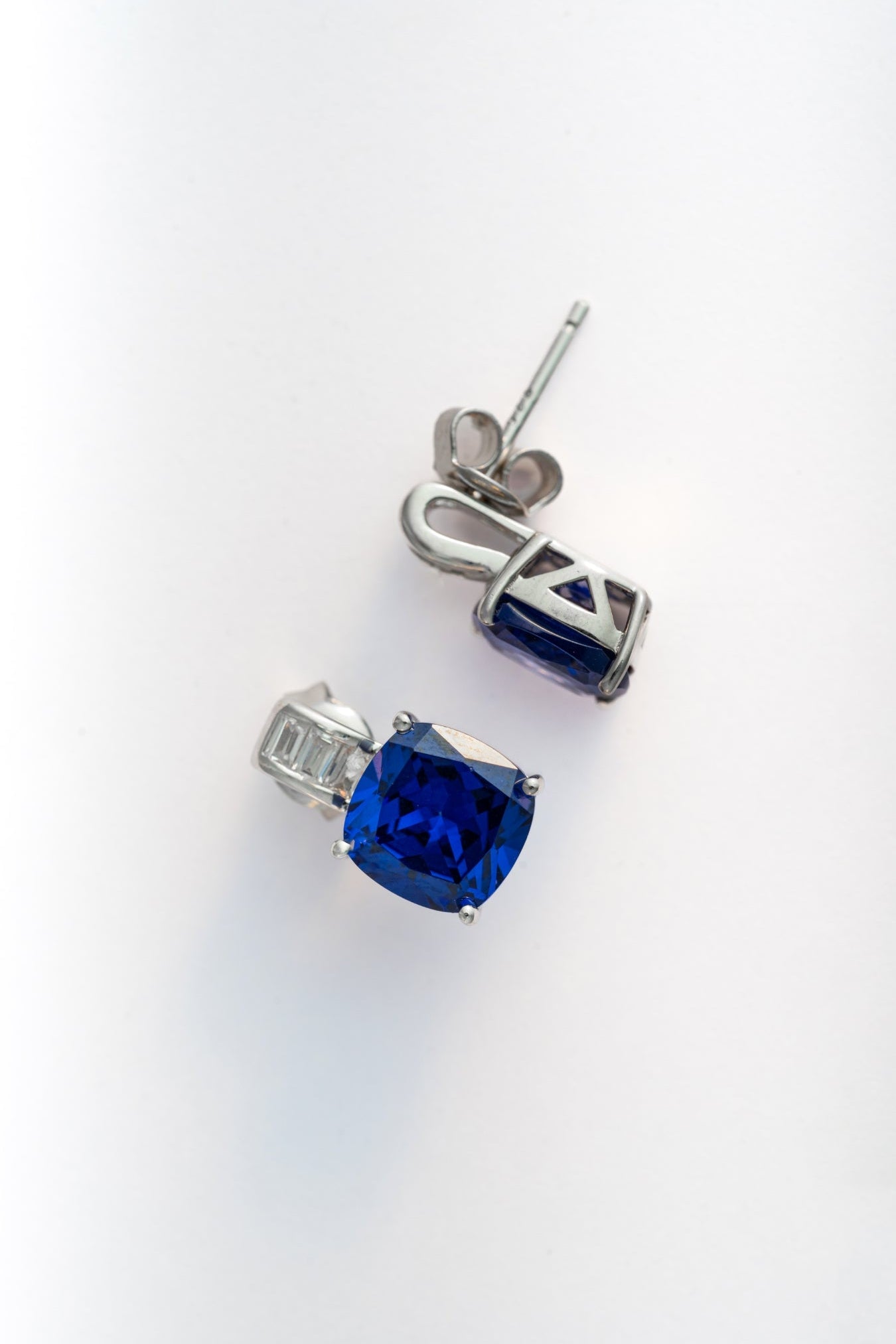 Pure 925 Silver Blue Cushion-Cut Stone Earrings with Baguette Accent – 12x7mm
