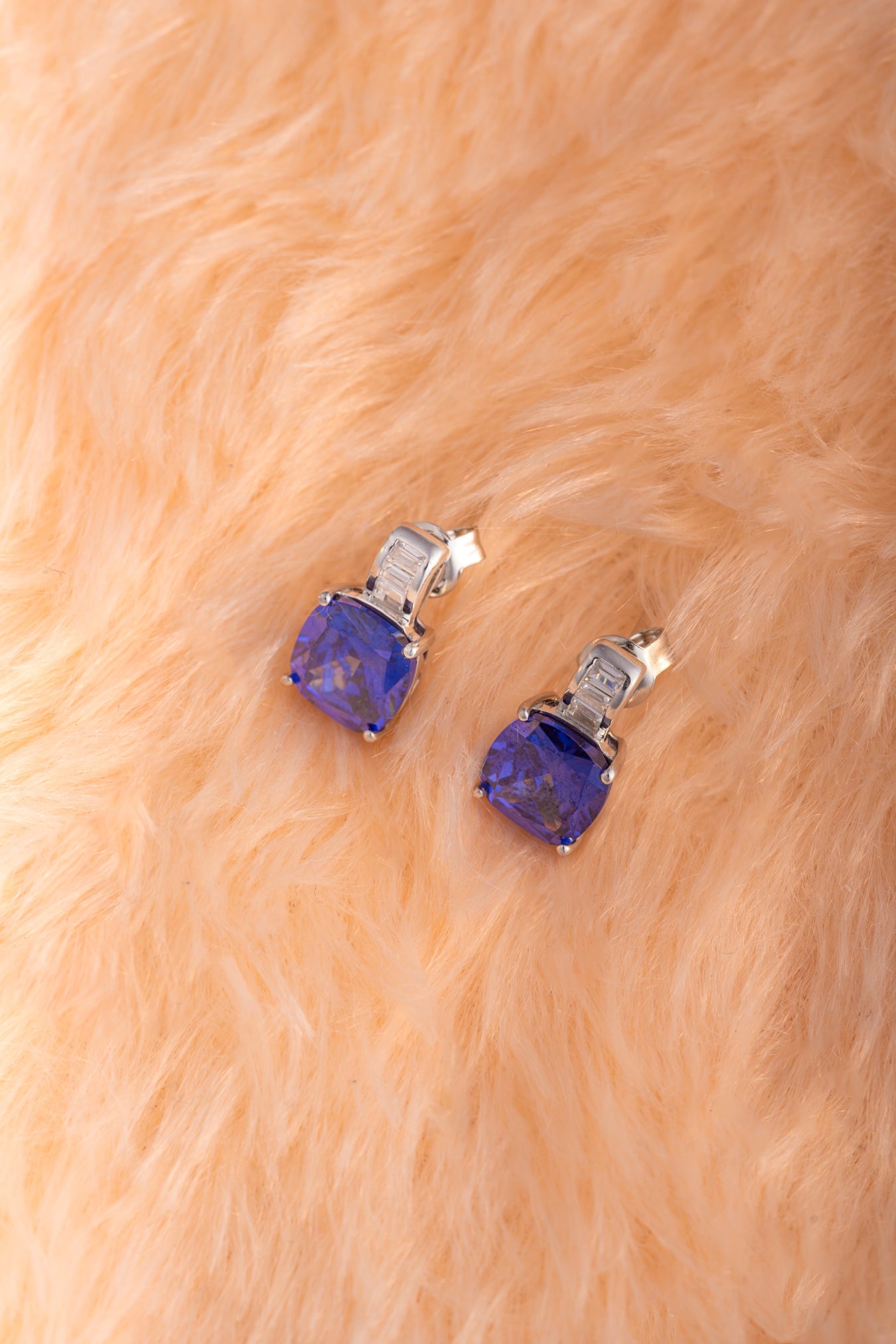 Pure 925 Silver Blue Cushion-Cut Stone Earrings with Baguette Accent – 12x7mm