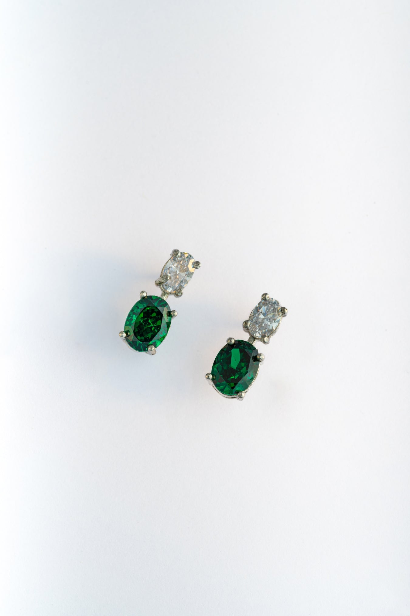 Pure 925 Silver Emerald Green & White Oval Drop Earrings – 14x7mm