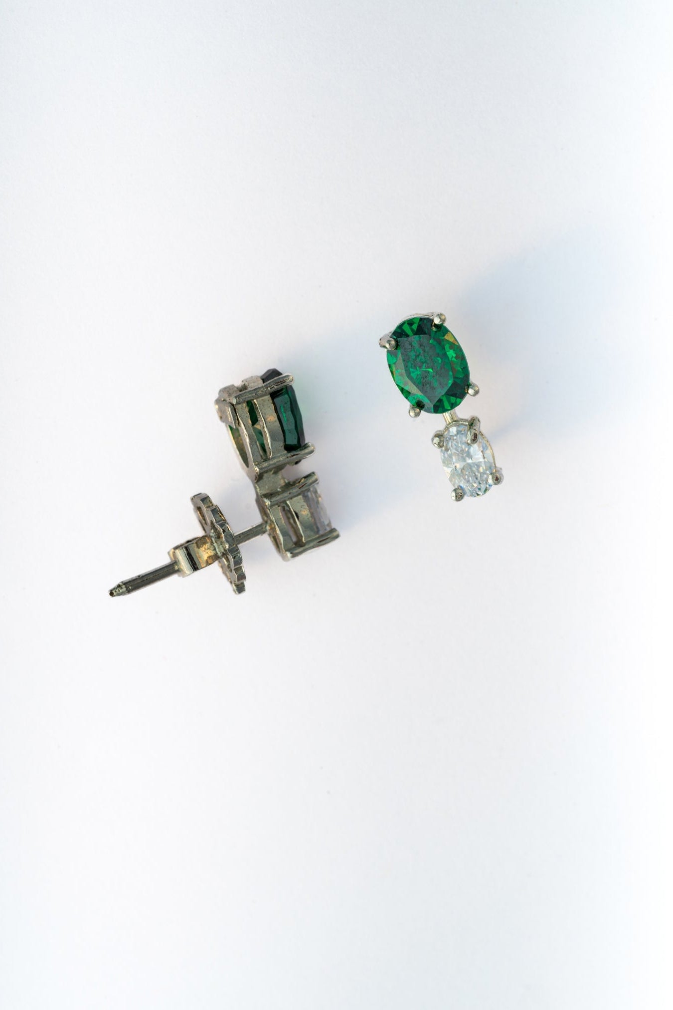 Pure 925 Silver Emerald Green & White Oval Drop Earrings – 14x7mm