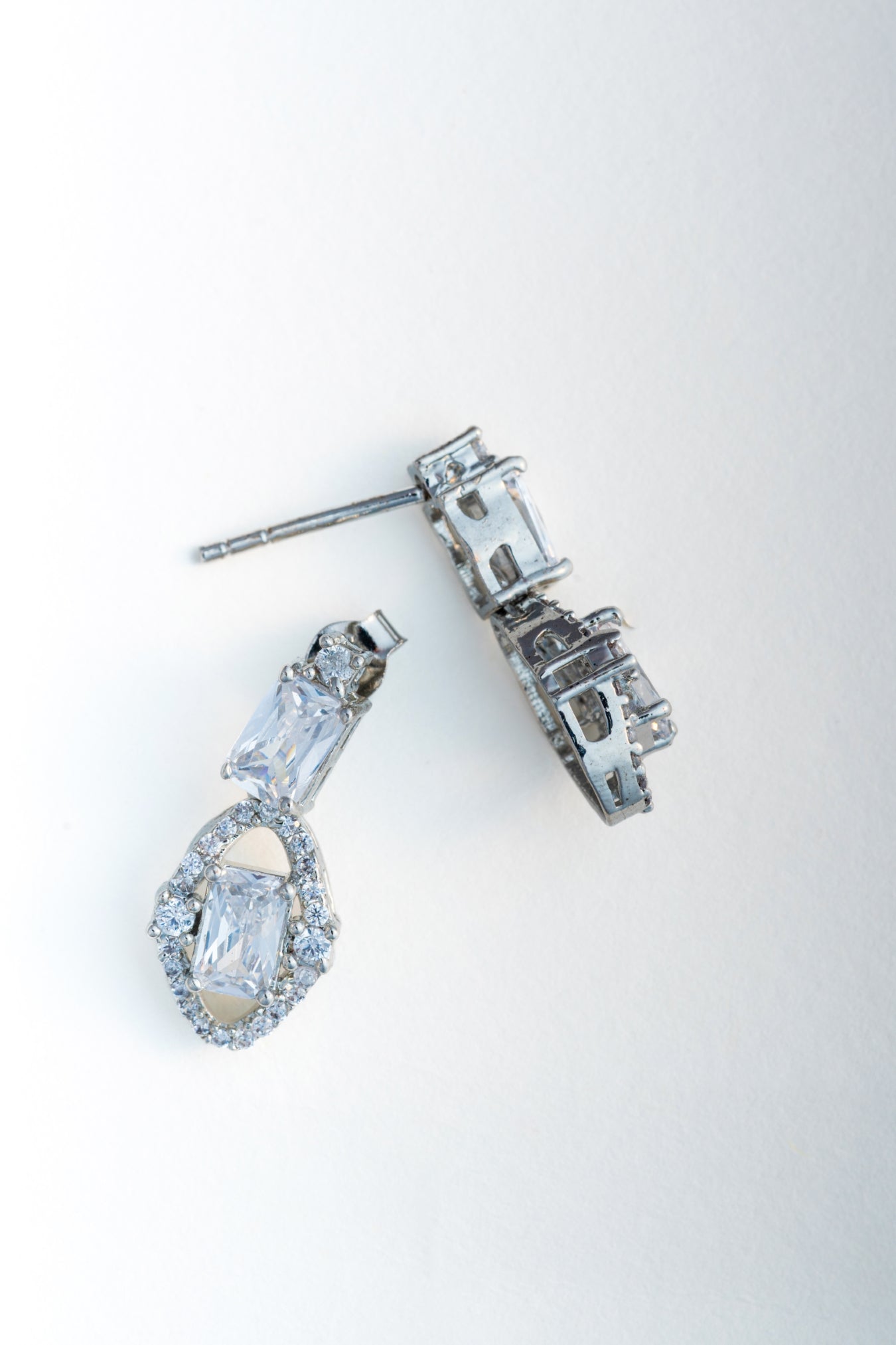 Pure 925 Silver Emerald-Cut & Halo Drop Earrings – 19x9mm
