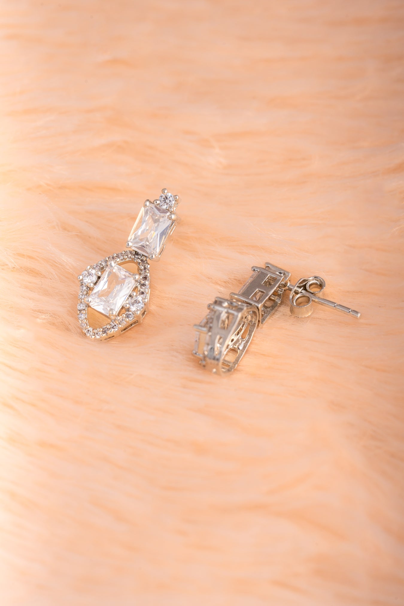 Pure 925 Silver Emerald-Cut & Halo Drop Earrings – 19x9mm