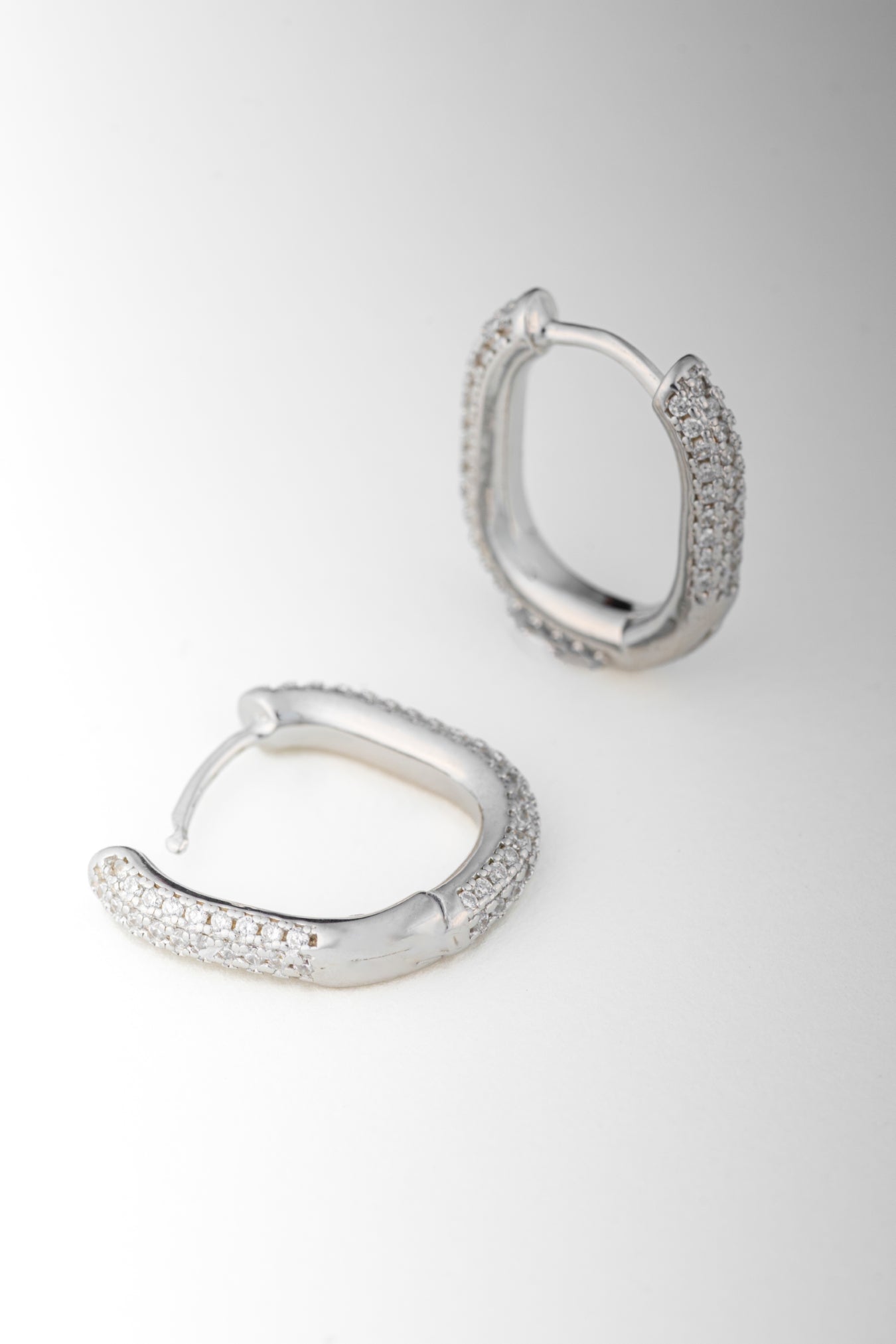 Pure 925 Silver Rectangular Pavé Hoop Earrings – 17x15mm