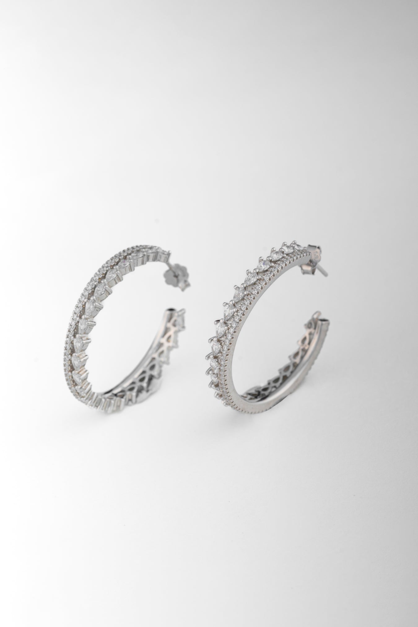 Pure 925 Silver Baguette & Round Cut Hoop Earrings – 32x32mm