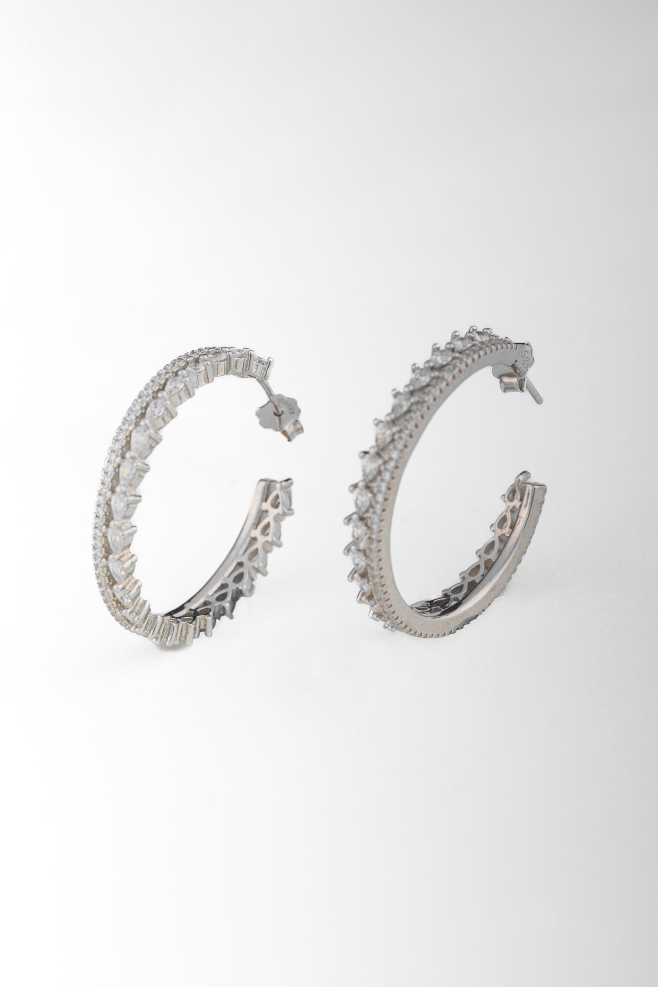 Pure 925 Silver Baguette & Round Cut Hoop Earrings – 32x32mm