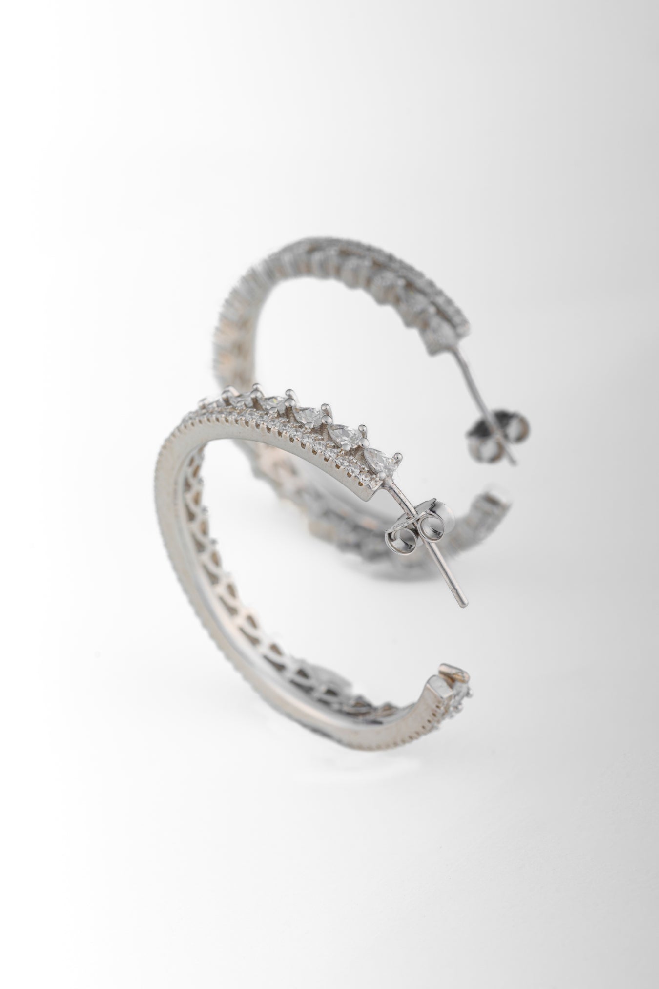 Pure 925 Silver Baguette & Round Cut Hoop Earrings – 32x32mm