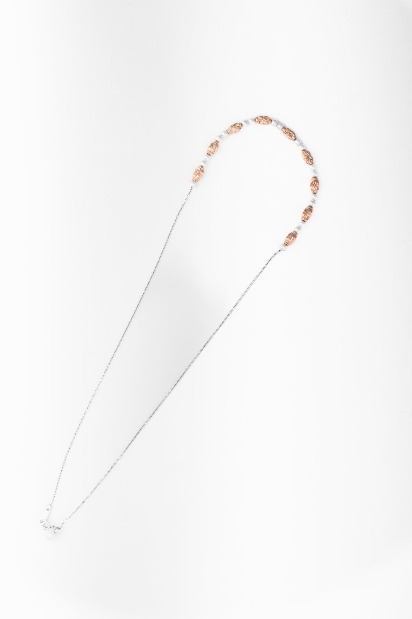 Rose Gold Beaded Necklace with White Spacers – 18 Inch