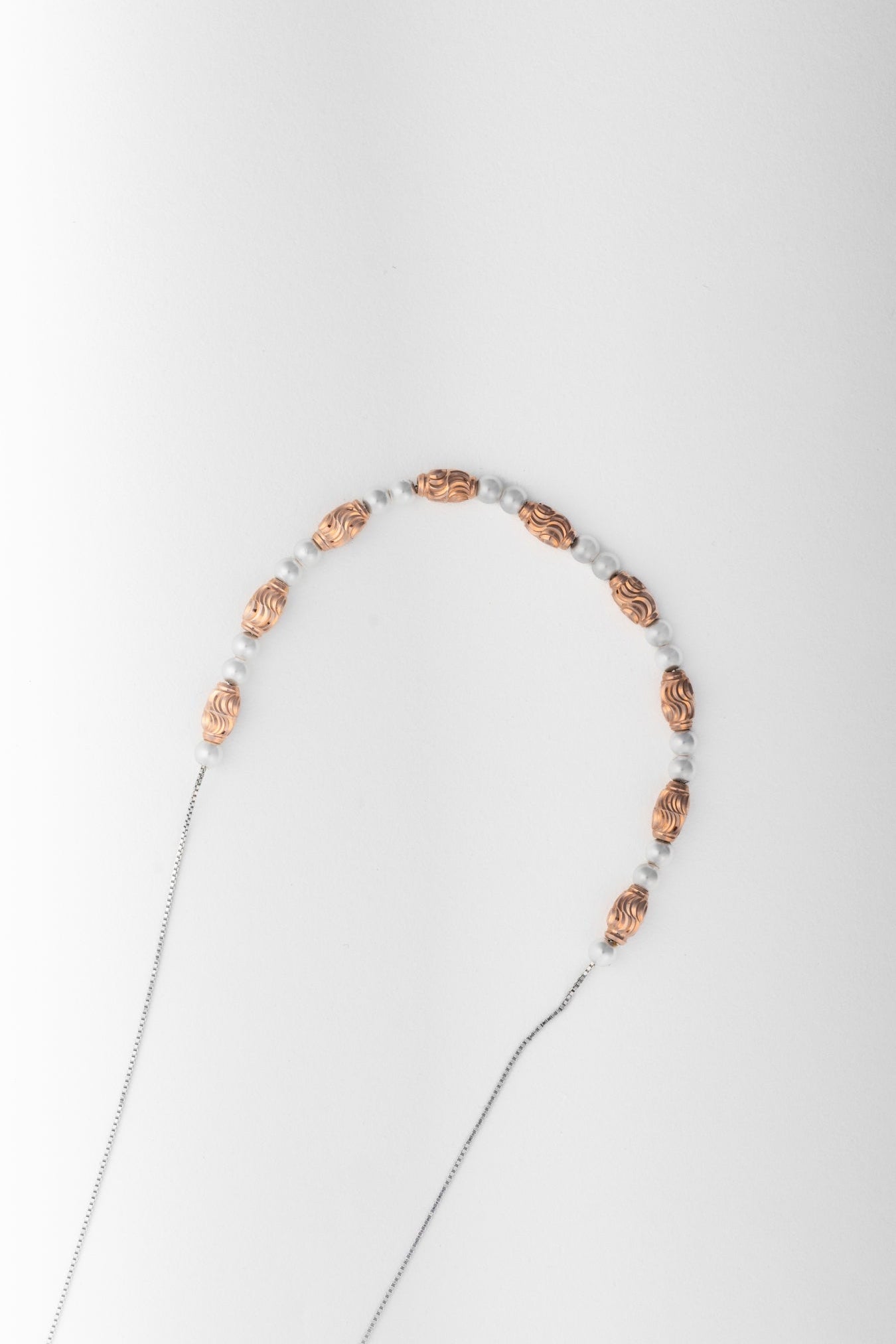 Rose Gold Beaded Necklace with White Spacers – 18 Inch