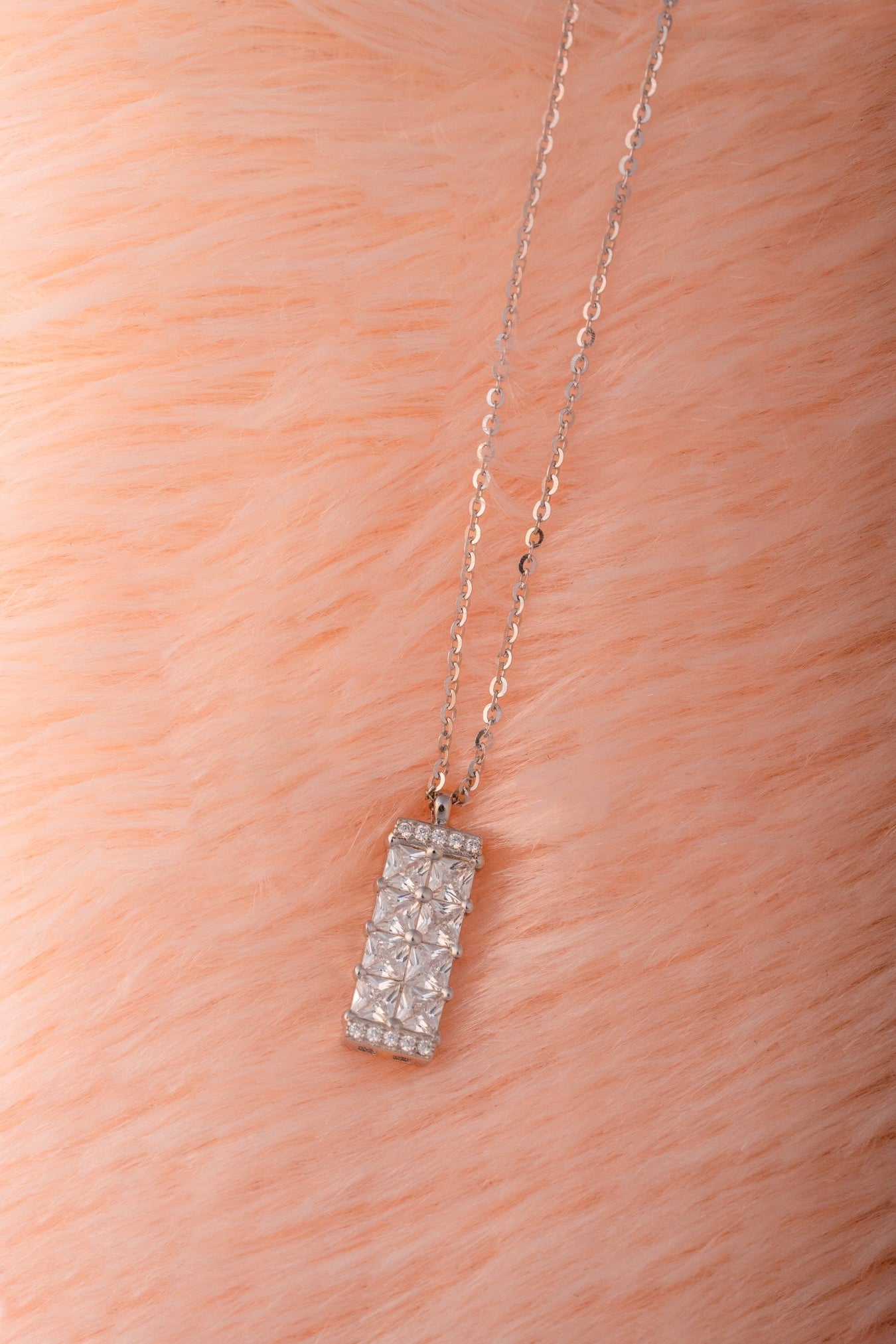 Pure 925 Silver Elegant Rectangle Pendant Necklace with CZ Diamonds – 18 Inch