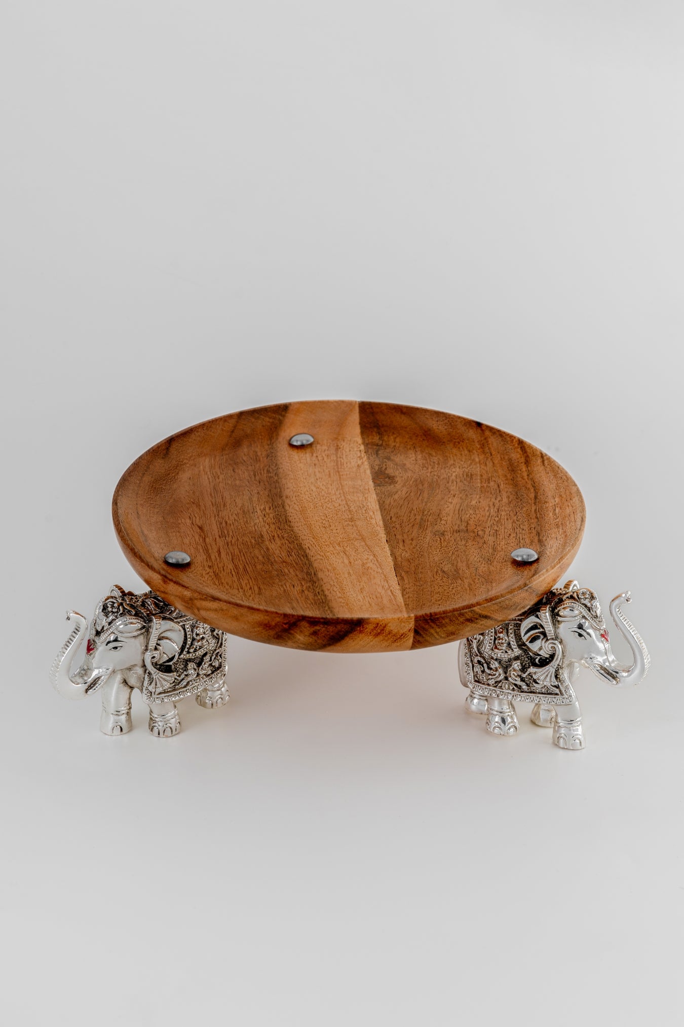 Wooden Platter with Silver-Foiled Elephant Stand – 4in × 9in