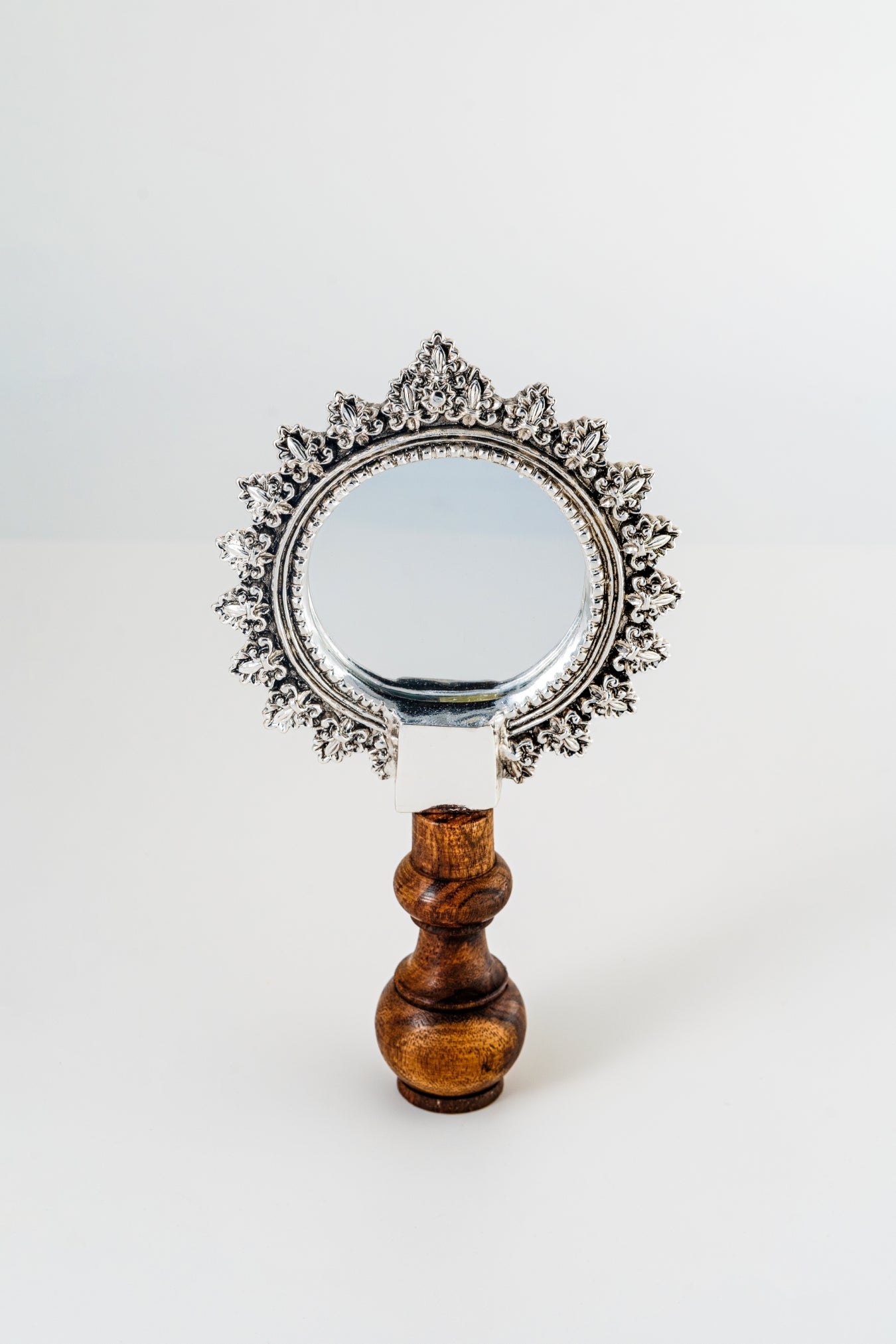 Ornate Silver-Foiled Round Mirror with Wooden Stand – 8in × 4in