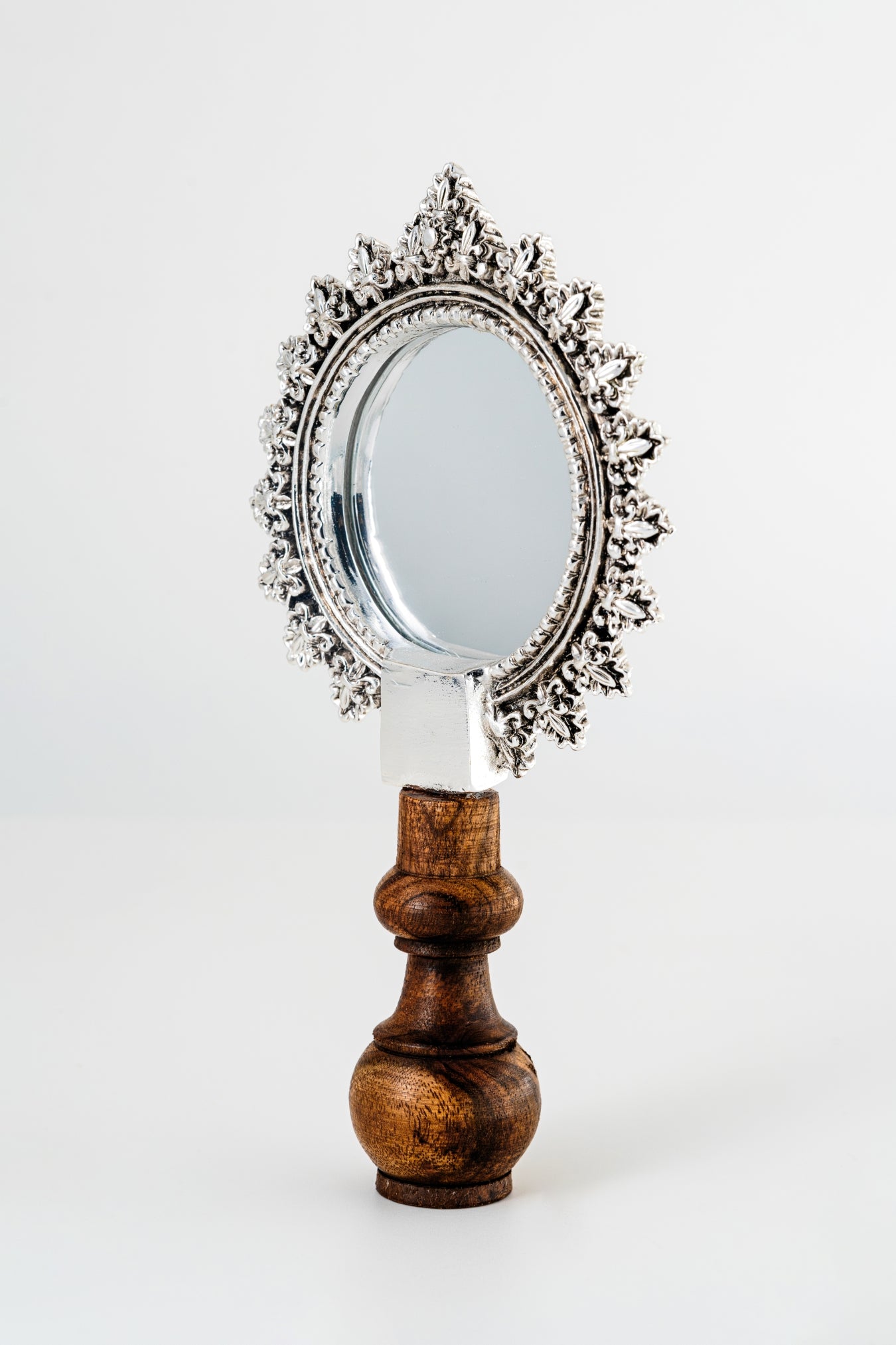 Ornate Silver-Foiled Round Mirror with Wooden Stand – 8in × 4in
