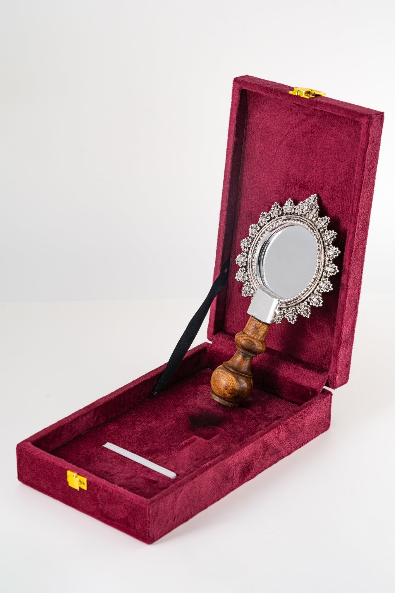 Ornate Silver-Foiled Round Mirror with Wooden Stand – 8in × 4in
