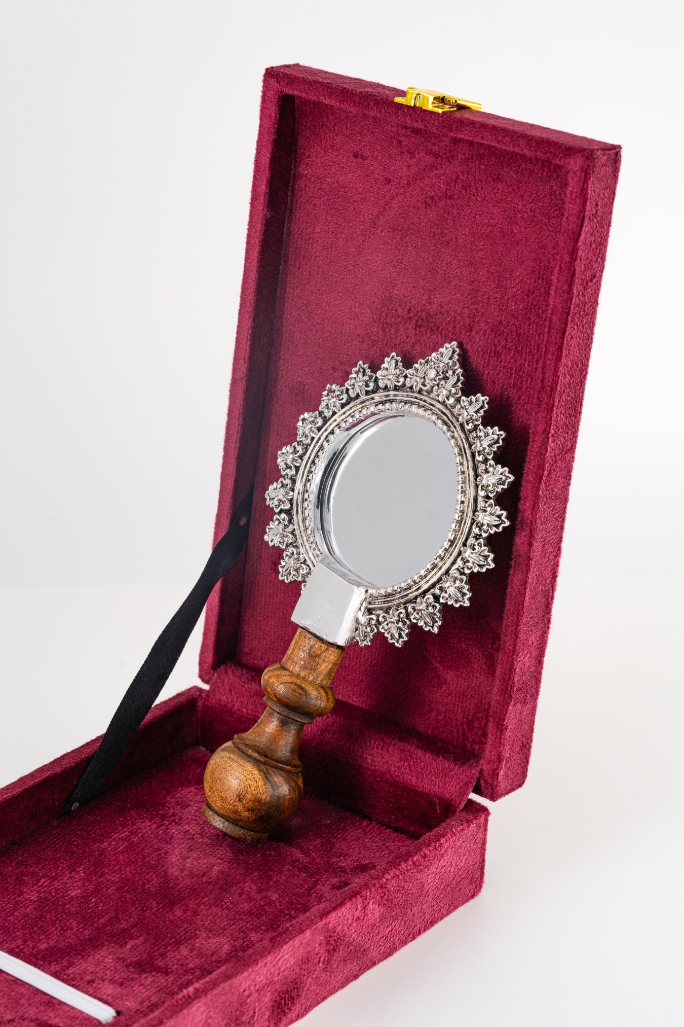 Ornate Silver-Foiled Round Mirror with Wooden Stand – 8in × 4in