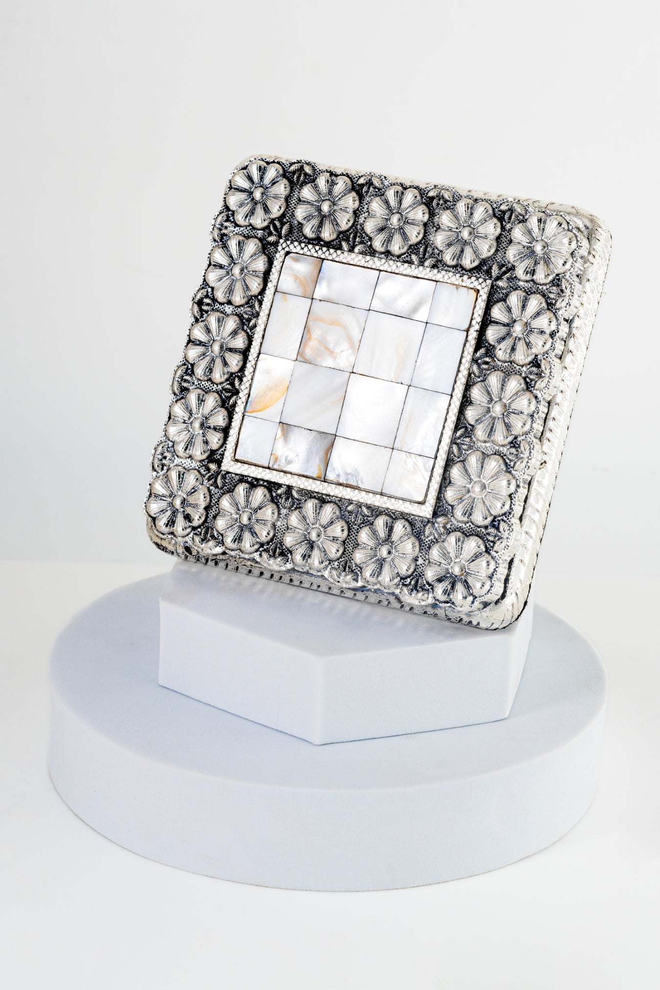 Square Silver-Foiled Chowki with Floral Border & Inlay Work – 5in × 5in