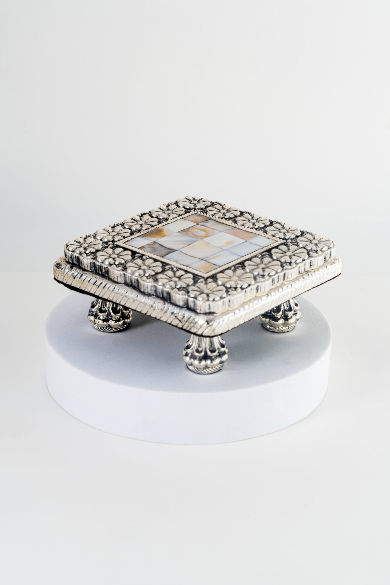 Square Silver-Foiled Chowki with Floral Border & Inlay Work – 5in × 5in