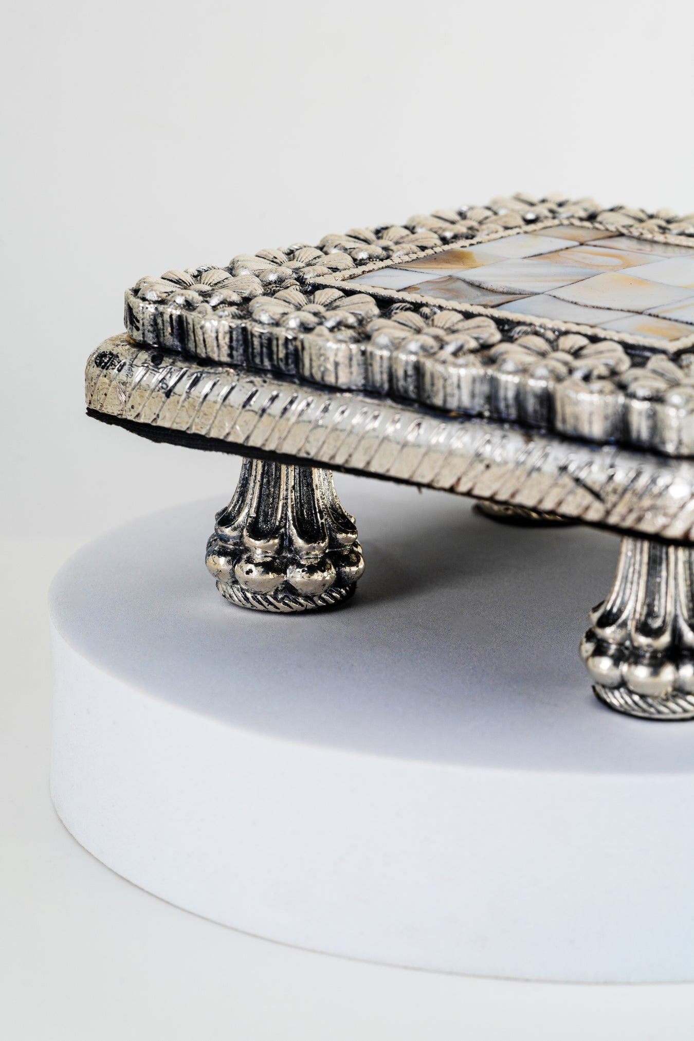 Square Silver-Foiled Chowki with Floral Border & Inlay Work – 5in × 5in