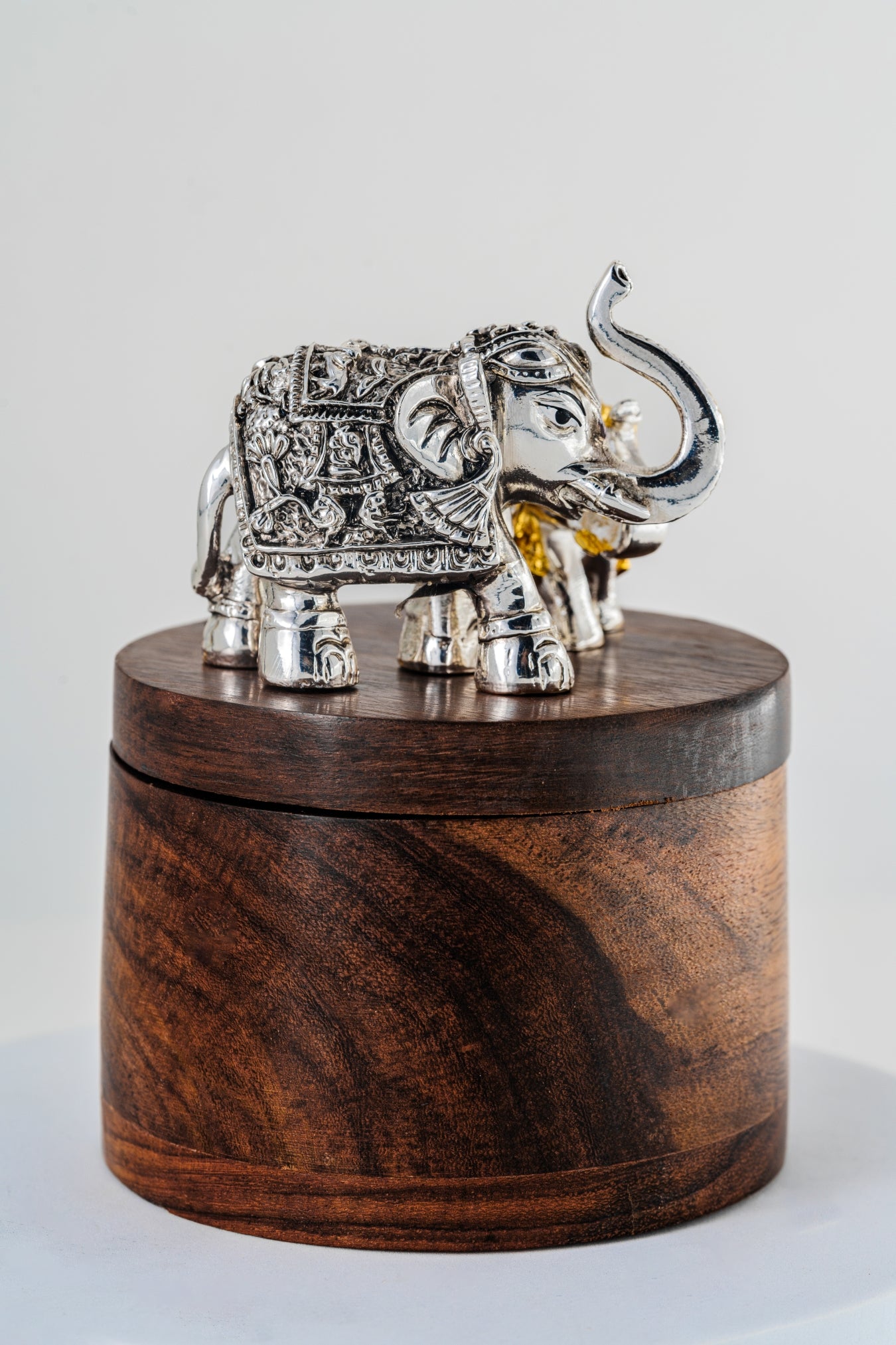 Wooden Box with Silver & Gold Foiled Elephant Lid – 5in × 4in