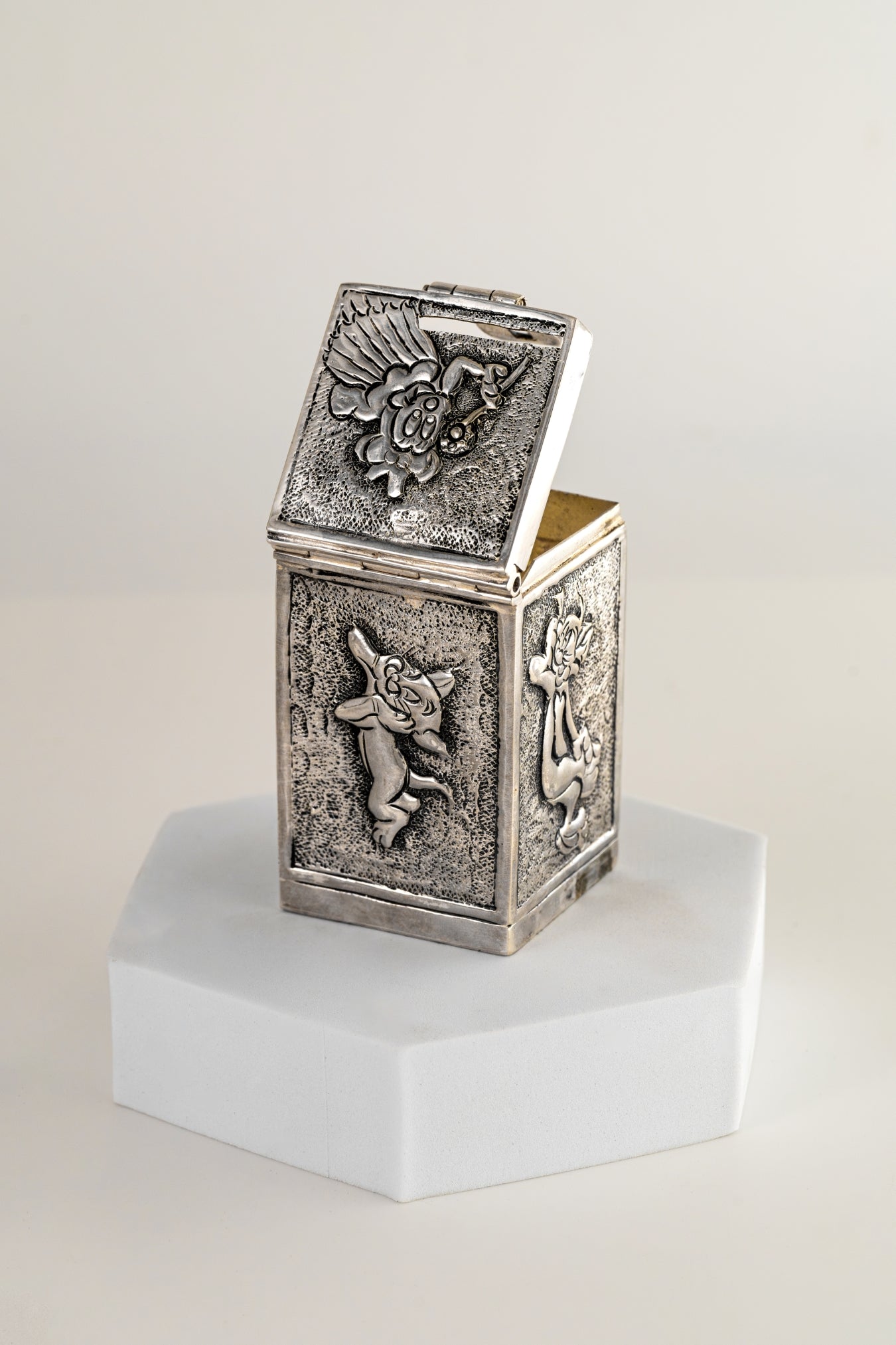 Pure 925 Mini Silver Cartoon Piggy Bank with Hinged Lid – 2in × 2in x 3.5in