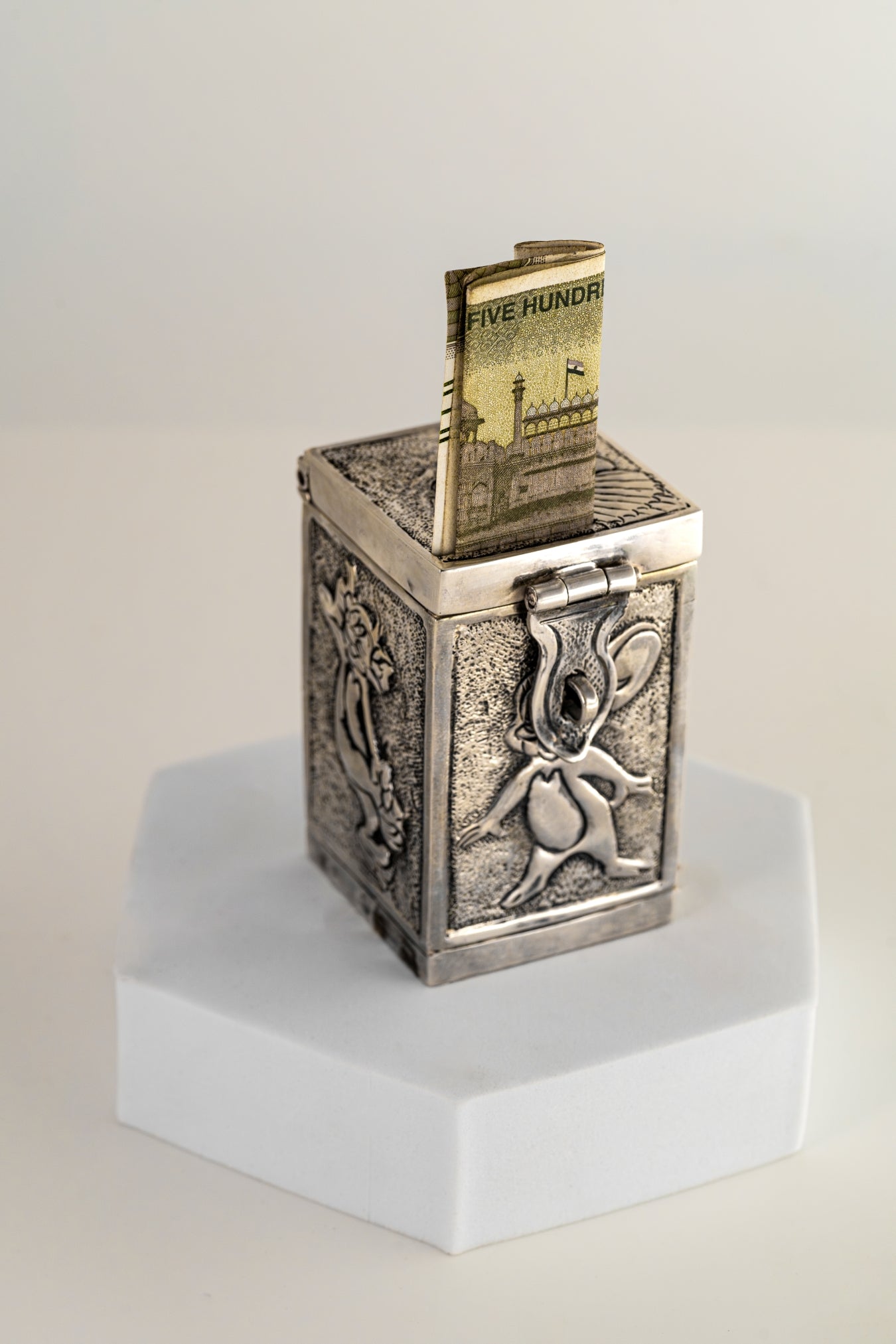 Pure 925 Mini Silver Cartoon Piggy Bank with Hinged Lid – 2in × 2in x 3.5in