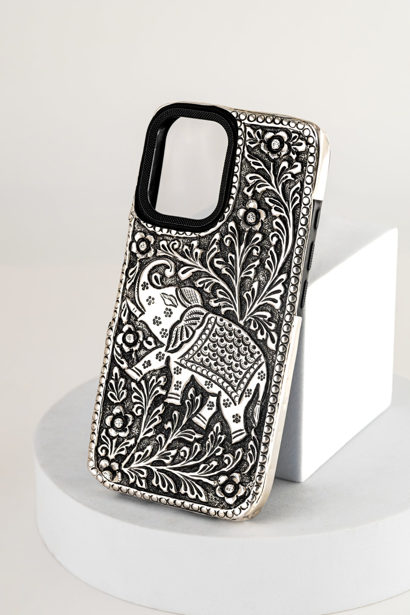 Handcrafted Pure 925 Silver Designer Mobile Case – iPhone 15 (Elephant Motif)