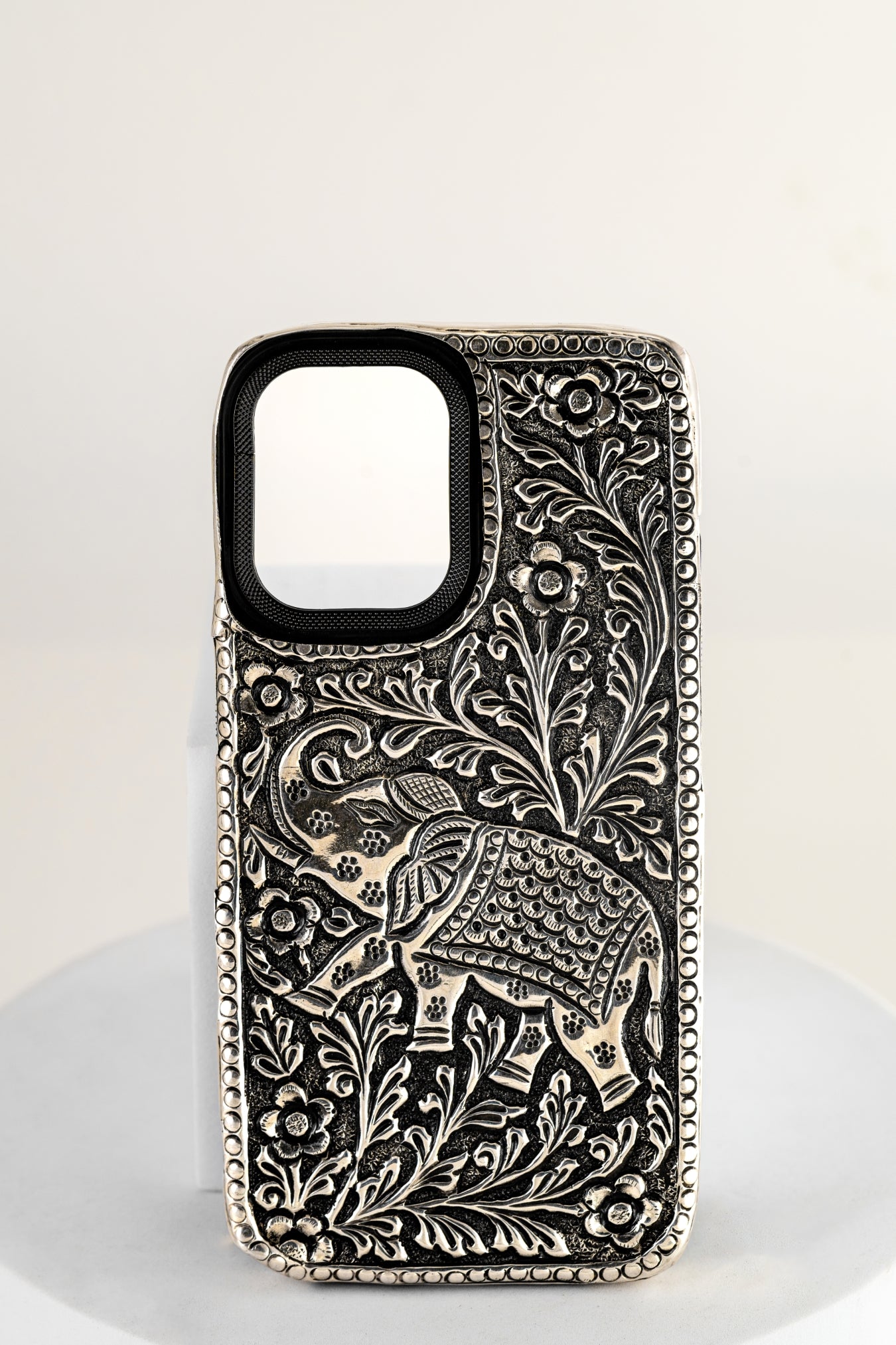 Handcrafted Pure 925 Silver Designer Mobile Case – iPhone 15 (Elephant Motif)