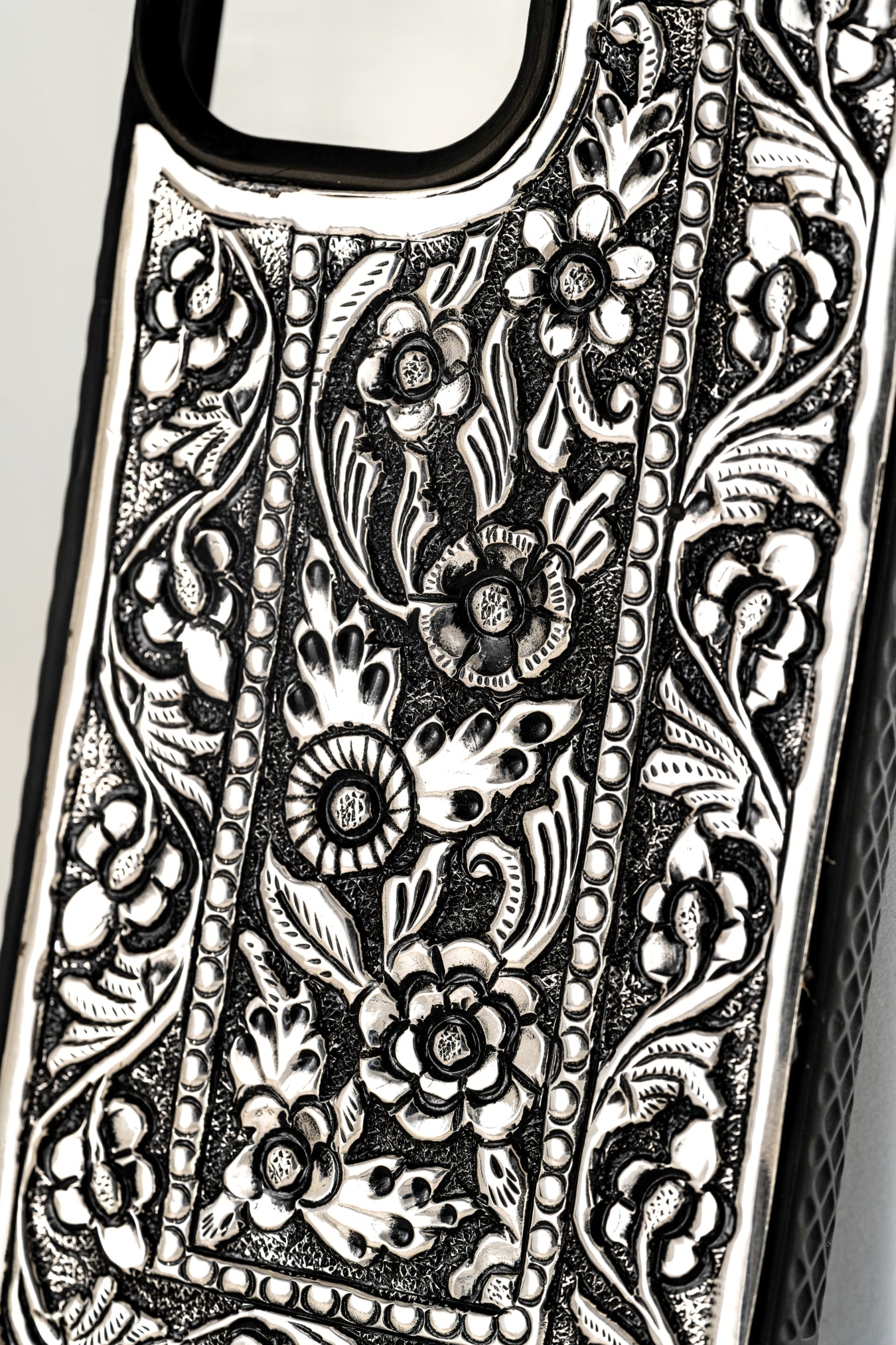Handcrafted Pure 925 Silver Designer Mobile Case – iPhone 16 (Floral Motif)