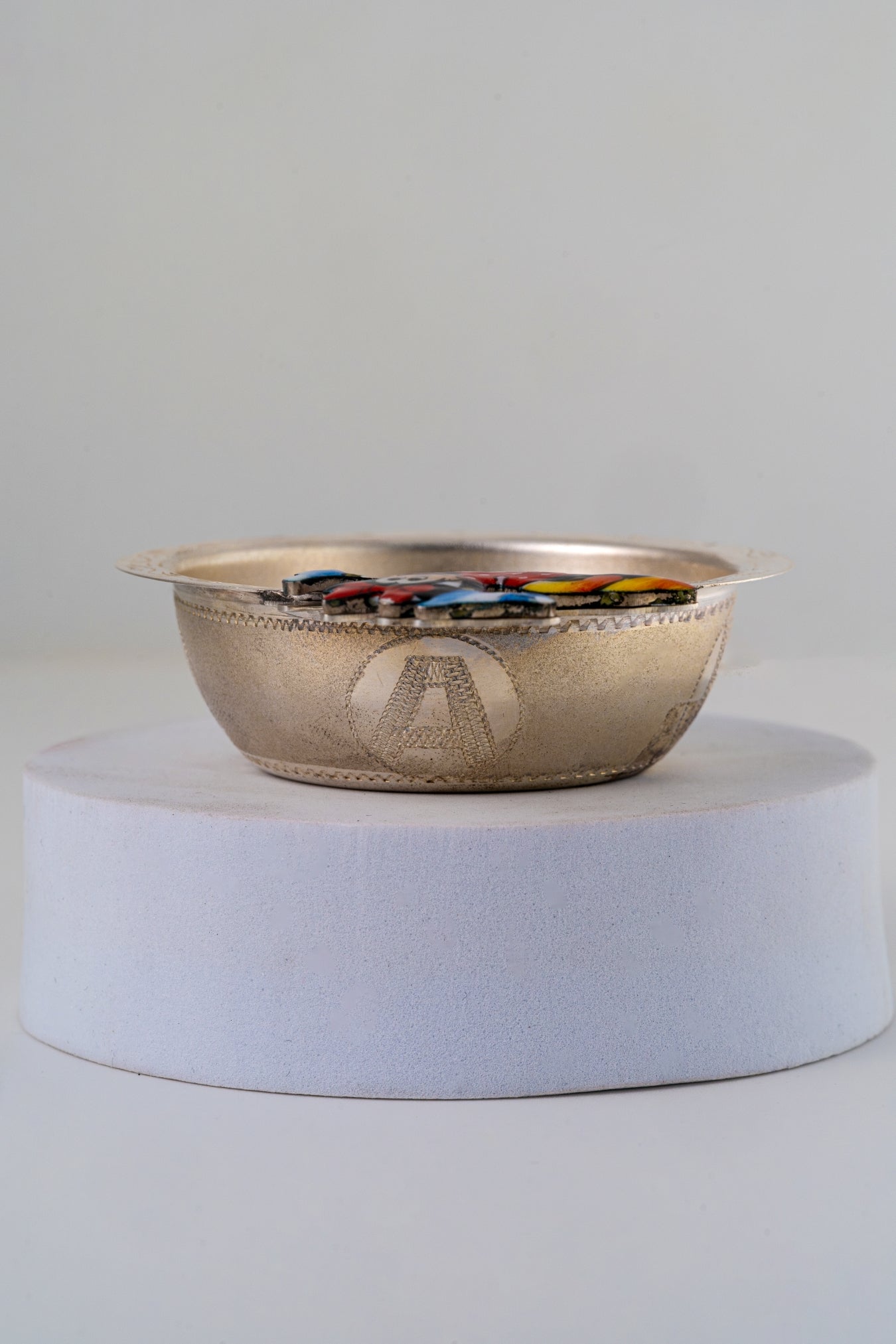 Handcrafted Pure 925 Silver Miniature Bowl with Enamel Motif – 3.3 x 1.5 Inch